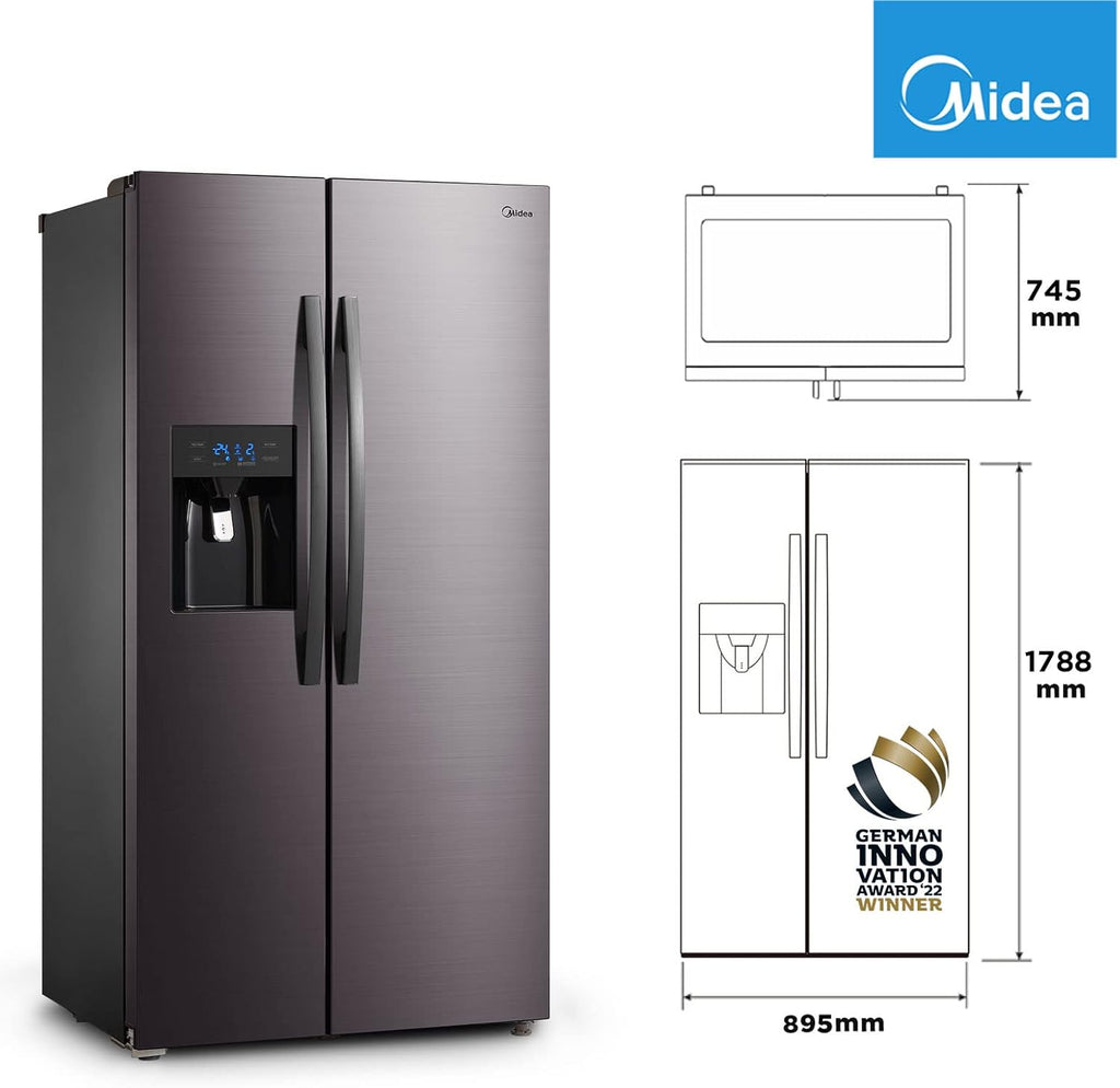 Midea KS-DDX 6.32 WT Amerikaanse koelkast/178,8 cm hoogte/254 kWh/jaar/No Frost/Dual Inverter Compressor/met 3-in-1 water-/ijsdispenser en watertank, Dark Inox