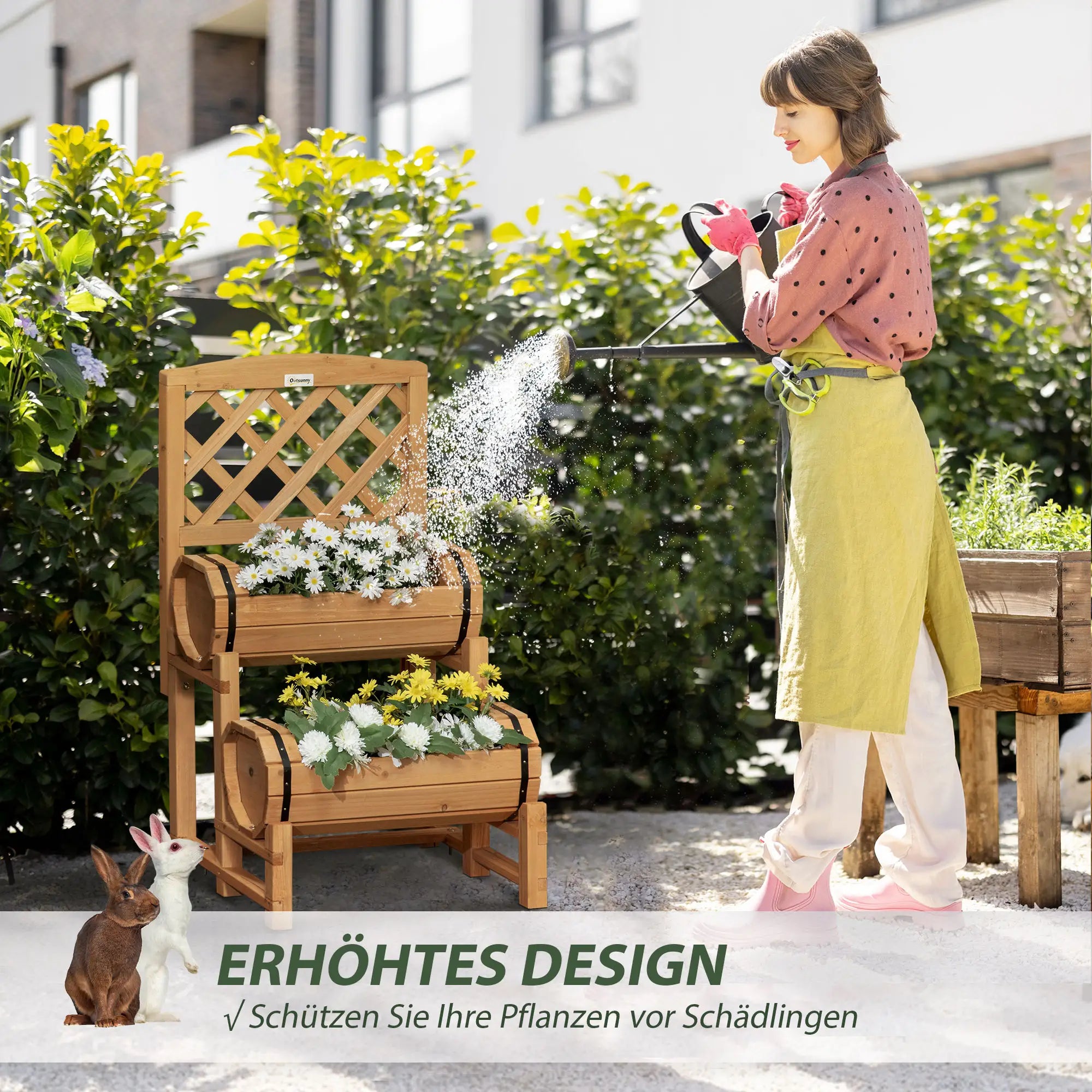 Outsunny Kweekbak bloementrap rustiek vat-design met klimrek massief hout