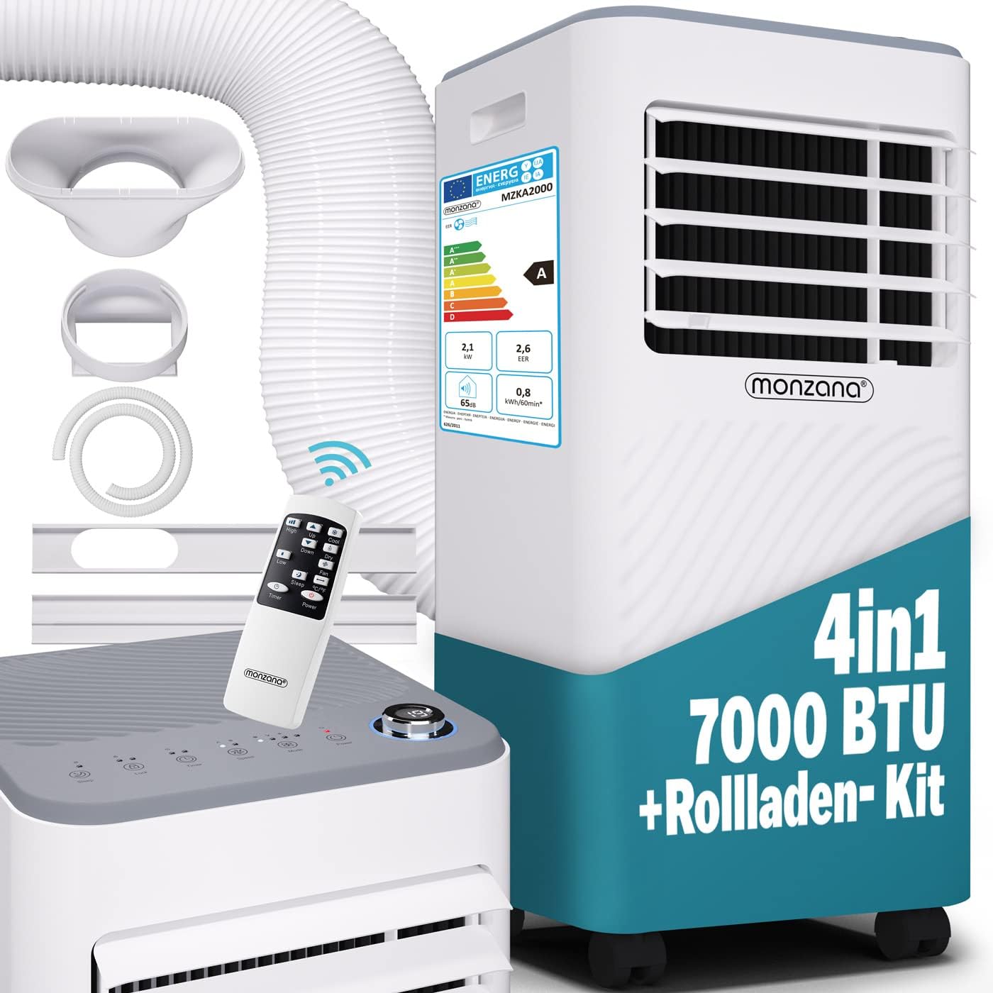 Monzana mobiele airconditioner MZKA2000 afvoerslang 7000BTU 3-in-1 750W 24h timer 25m² afstandsbediening ontvochtiger rolluikkit airco