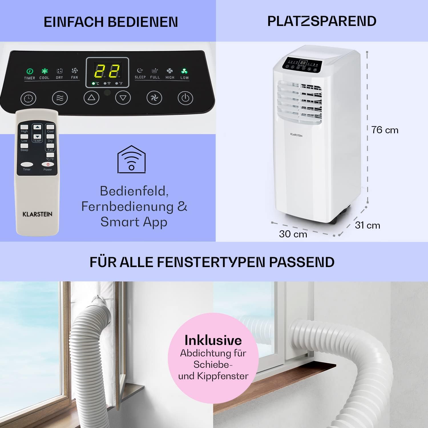 Klarstein Airconditioner, 4-in-1 Airconditioningsysteem, Luchtontvochtiger, Ventilator & Nachtmodus, Mobiele airconditioner met afvoerslang, App-bediening, Airconditioner voor ruimtes tot 44 m², 9000 BTU, Wit