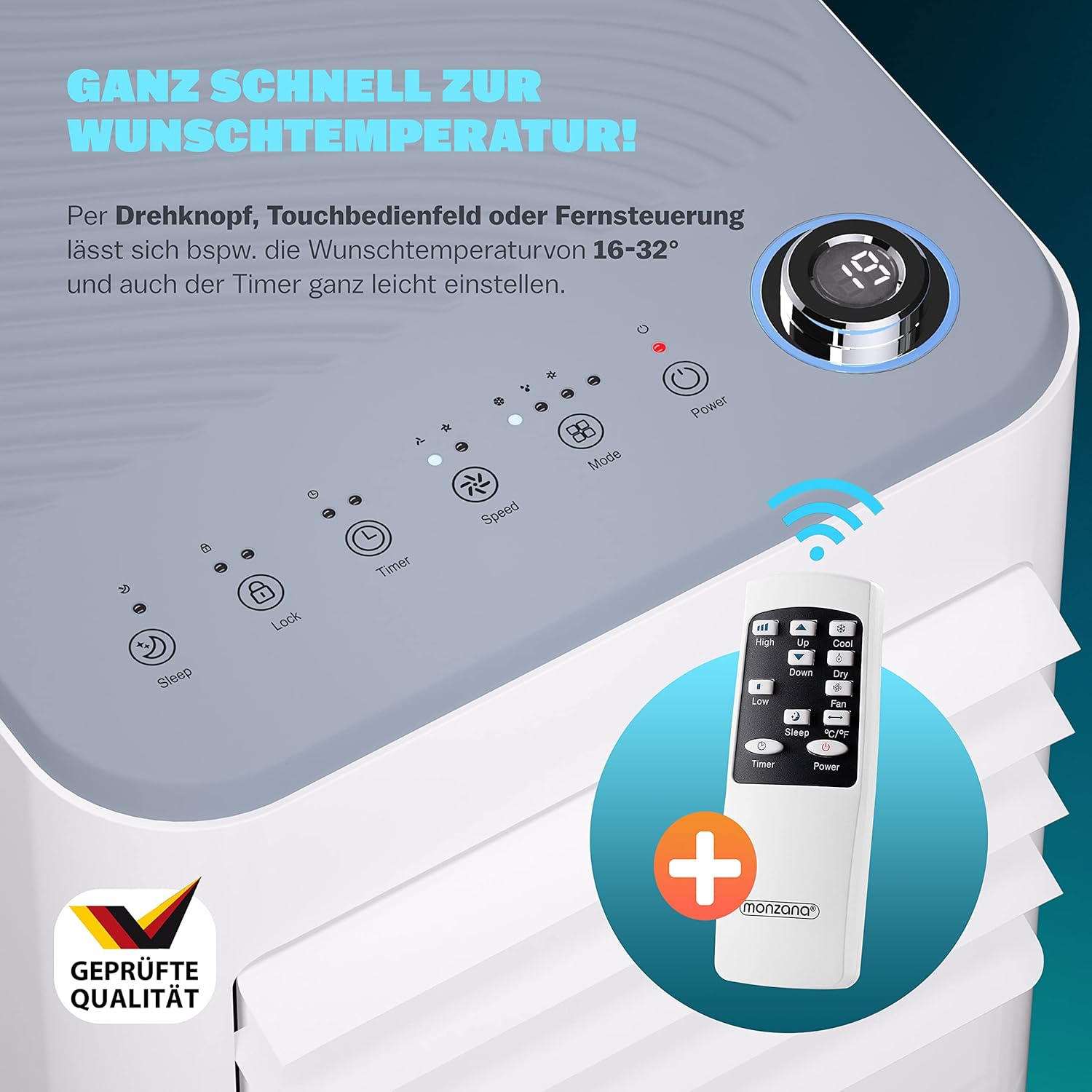 Monzana mobiele airconditioner MZKA2000 afvoerslang 7000BTU 3-in-1 750W 24h timer 25m² afstandsbediening ontvochtiger rolluikkit airco