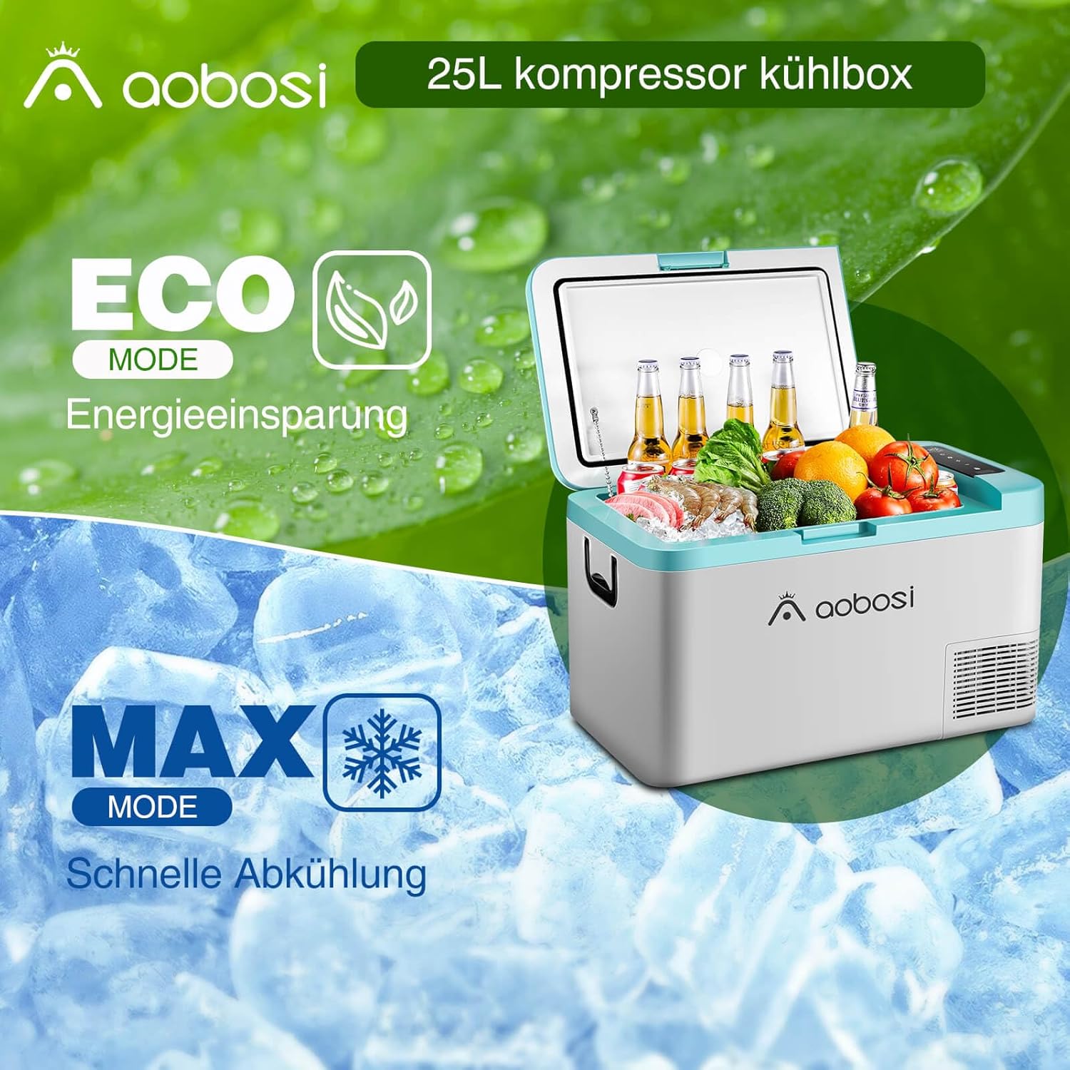 AAOBOSI Compressor Koelbox 36 L, Koelbox Auto met Wifi App Besturing, 12/24 V en 100-240 V Elektrische Koelbox, tot -20 °C voor Auto, Vrachtwagen, Boot, Camper, Camping, Dubbele Zone