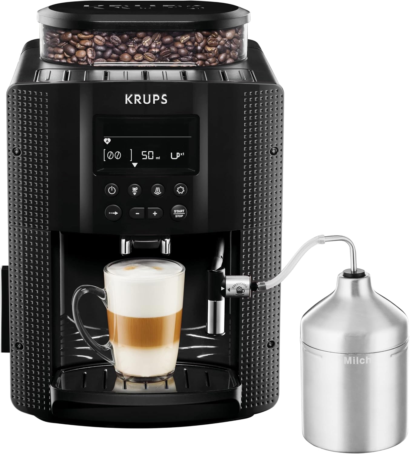 Krups Essential volautomatische espressomachine met melkslang, 2-kopsfunctie, LCD-display, eenvoudige reiniging, koffiezetapparaat, TÜV-keurmerk, zwart, EA816031