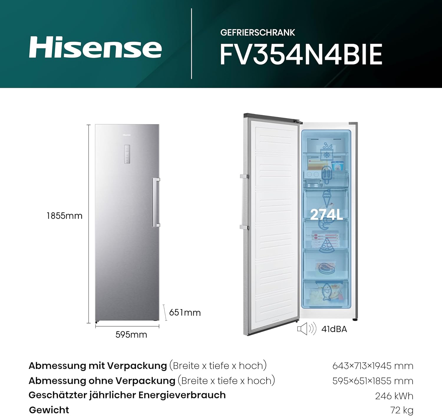 Hisense FV191N4AW2 Vriezer/ TotalNoFrost/ SuperFreeze/ Deuralarm/ Multiflow 360°/ BigBox/ 143,4 cm/ Vriesgedeelte 147 l/ 41 dB/ 205 kWh/Wit