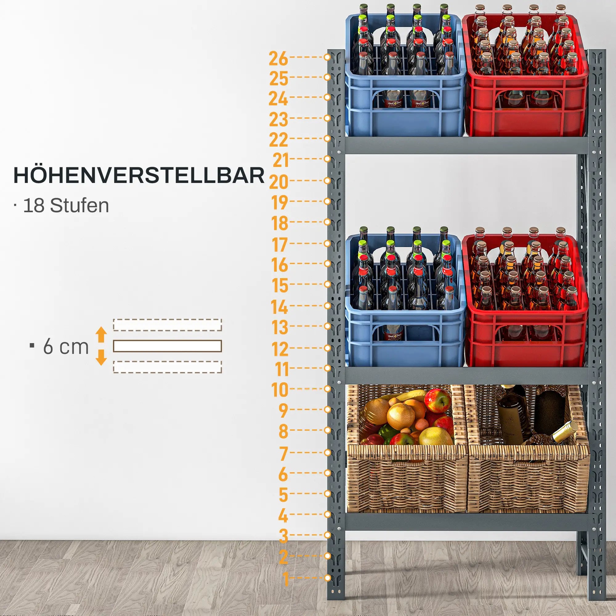 HOMCOM Drankkrattenrek voor 6 kratten – Staal, 3 niveaus, Grijs
