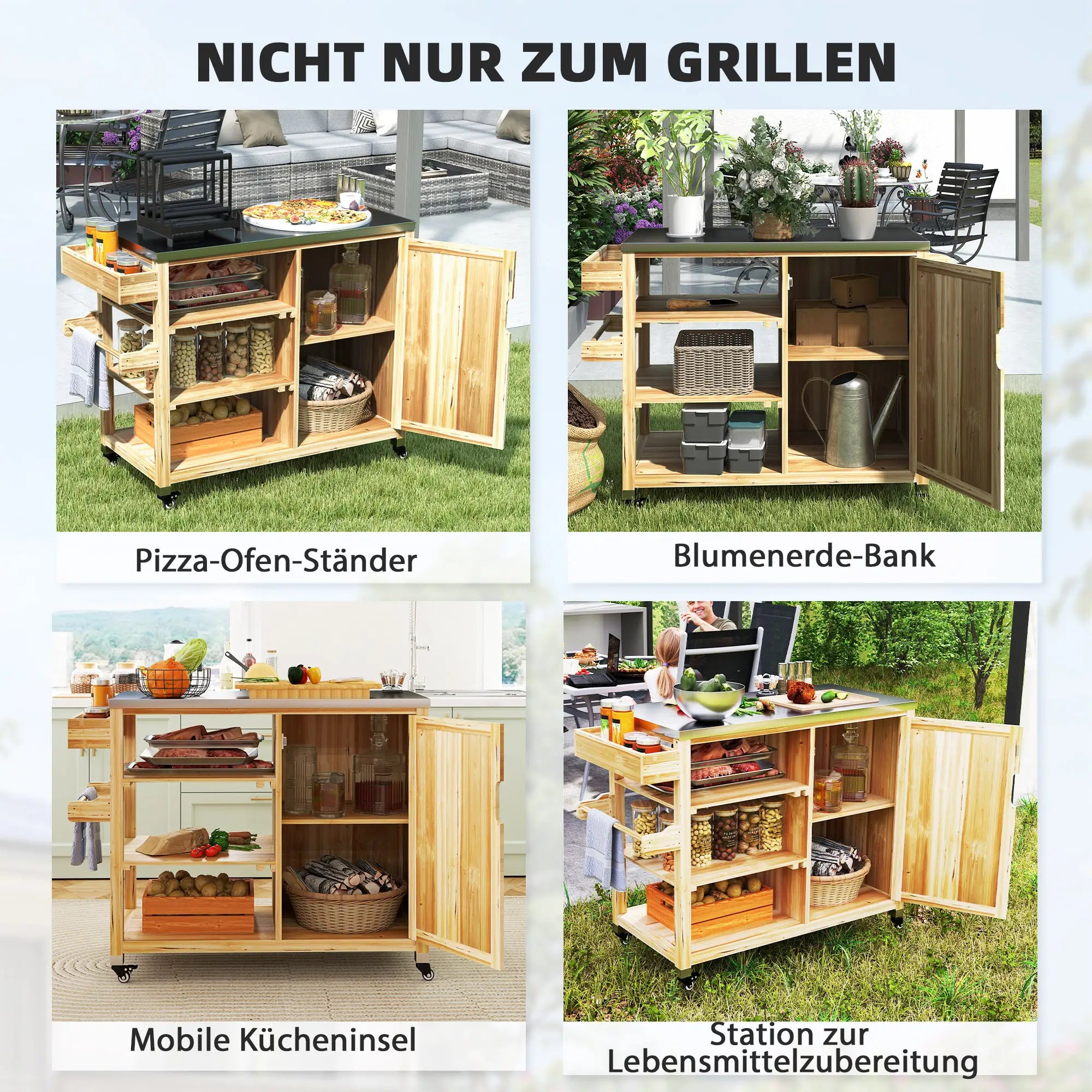 Outsunny Barbecuewagen Outdoor Keukeneiland met wielen Massief hout