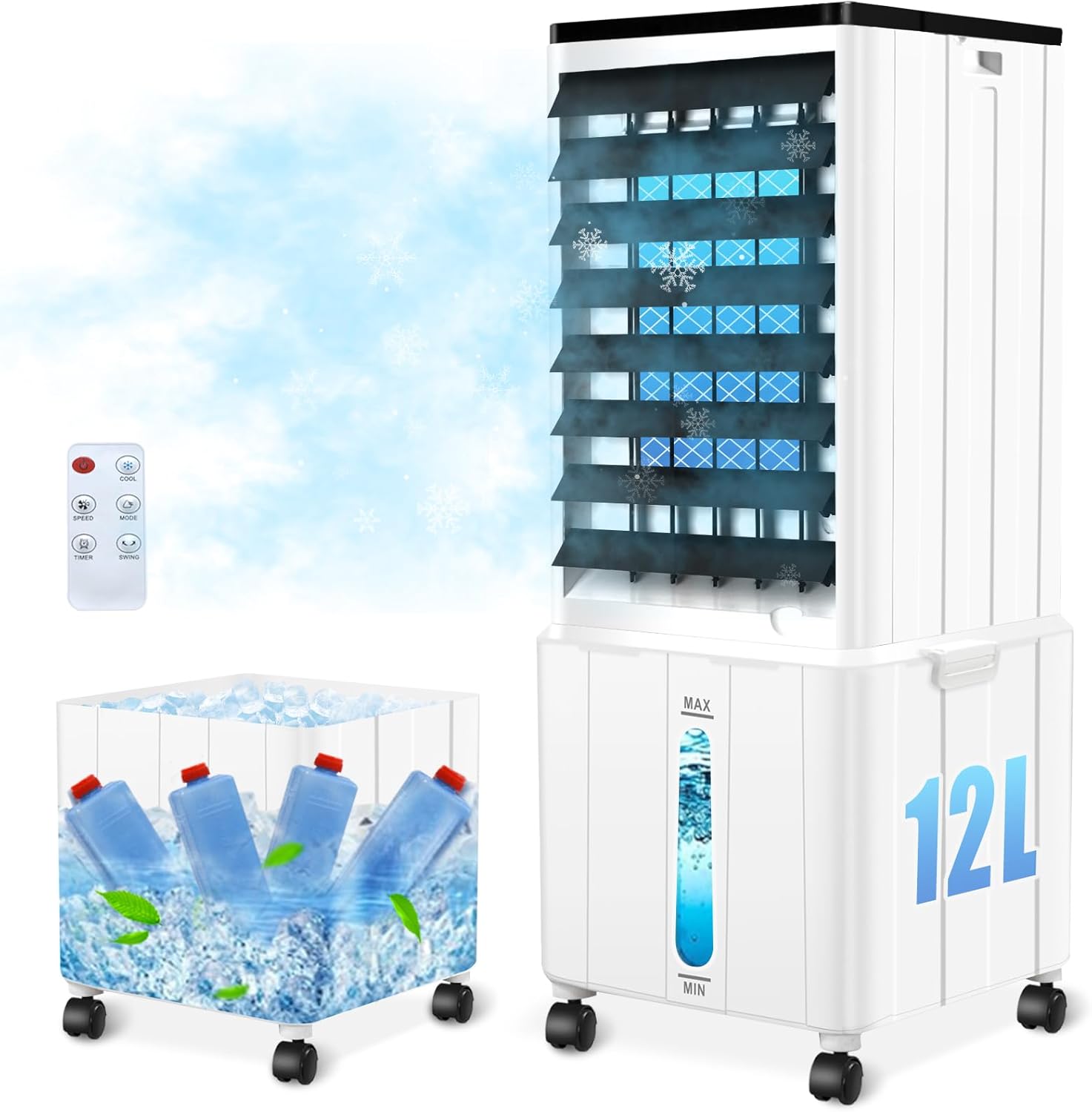 Airconditioner zonder afvoerslang, 12L 60W Mobiele Airconditioner met 12H Timer, 3 Modi, 40dB, 120° Oscillatie, Afneembare Watertank, Afstandsbediening, Stille Luchtkoeler Air Conditioner voor Woning Kamer Ruimtes