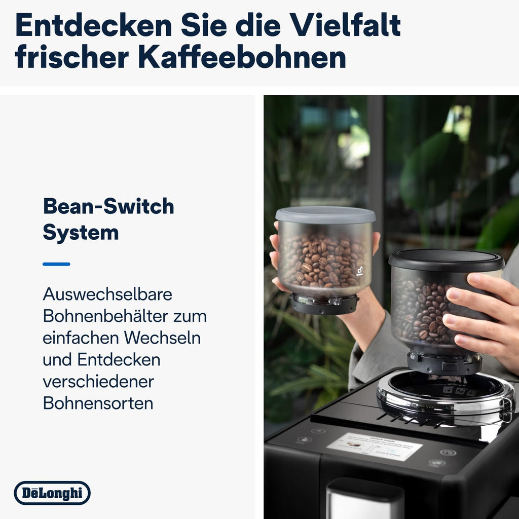 De'Longhi Rivelia EXAM440.55.W volautomatische espressomachine met LatteCrema-melksysteem, verwisselbaar bonenreservoir, 16 koffie- en melkdranken met één druk op de knop, Extra-Shot-functie, 3,5 inch touchscreen, wit