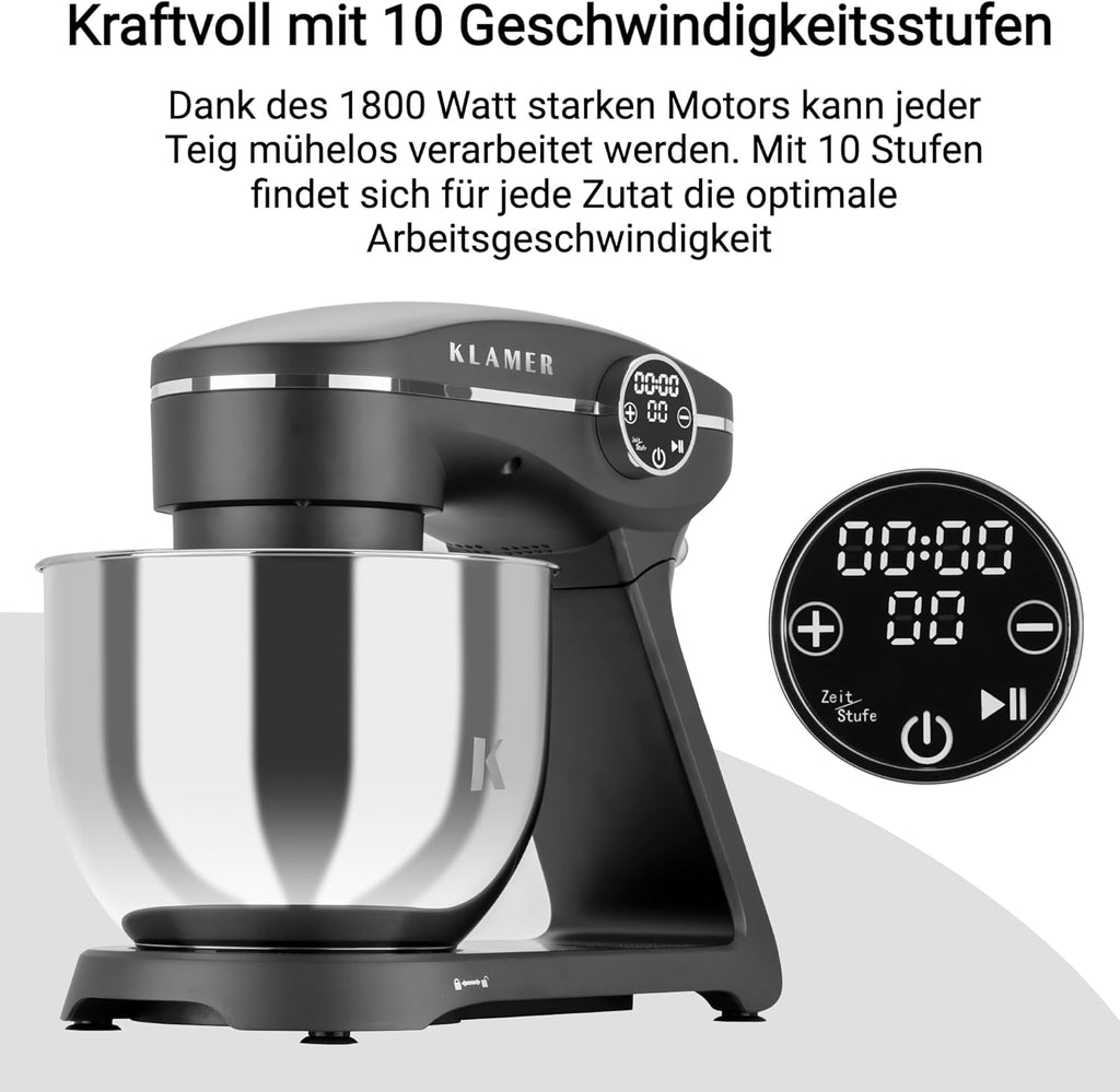 KLAMER Keukenmachine 1800W, Kneedmachine Brooddeeg met RVS Mengkom 6 L, 10 Snelheden met Timer, Planetaire Menging, Klopper, Deeghaak, Garde & Spatscherm (zwart)