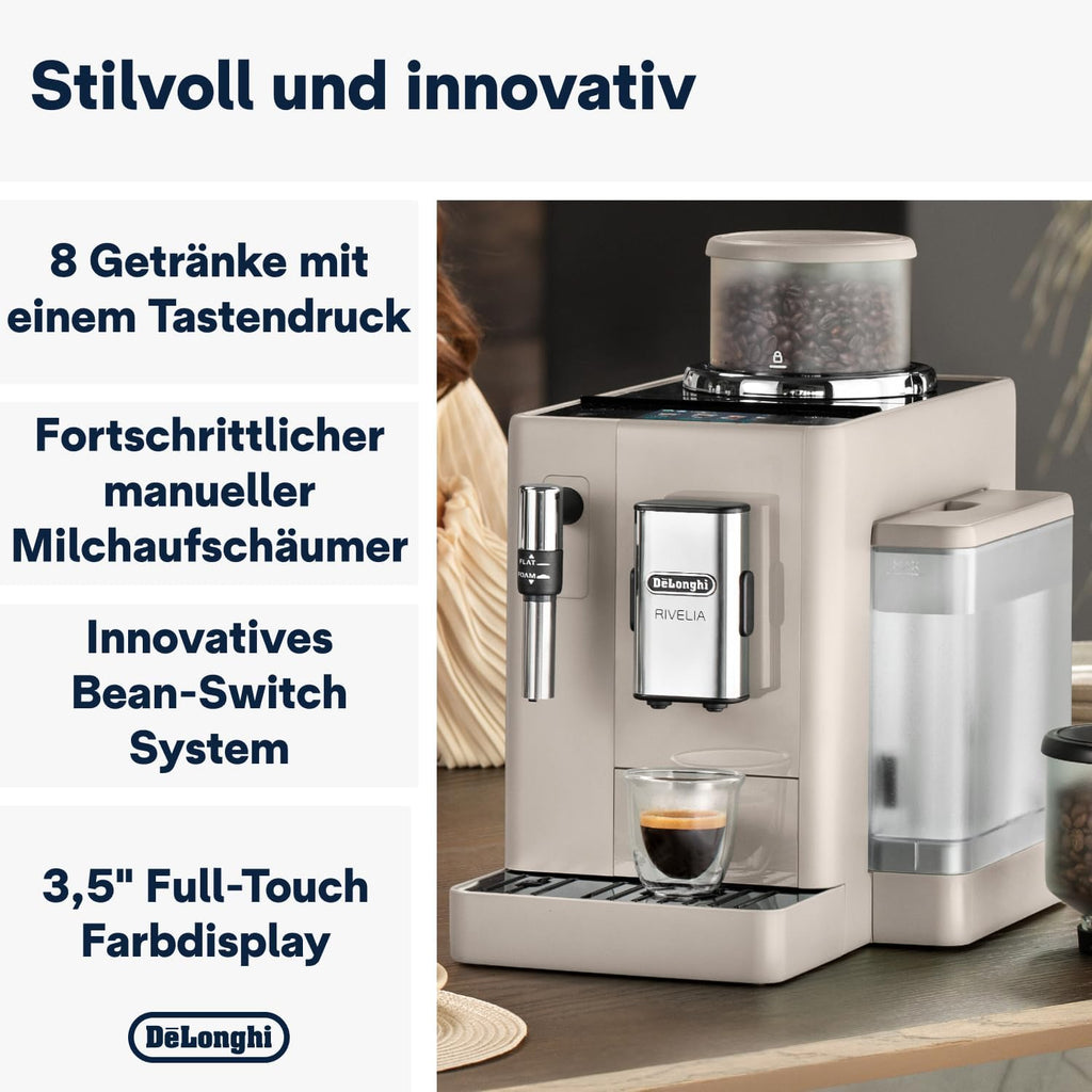 De'Longhi Rivelia EXAM440.55.W volautomatische espressomachine met LatteCrema-melksysteem, verwisselbaar bonenreservoir, 16 koffie- en melkdranken met één druk op de knop, Extra-Shot-functie, 3,5 inch touchscreen, wit