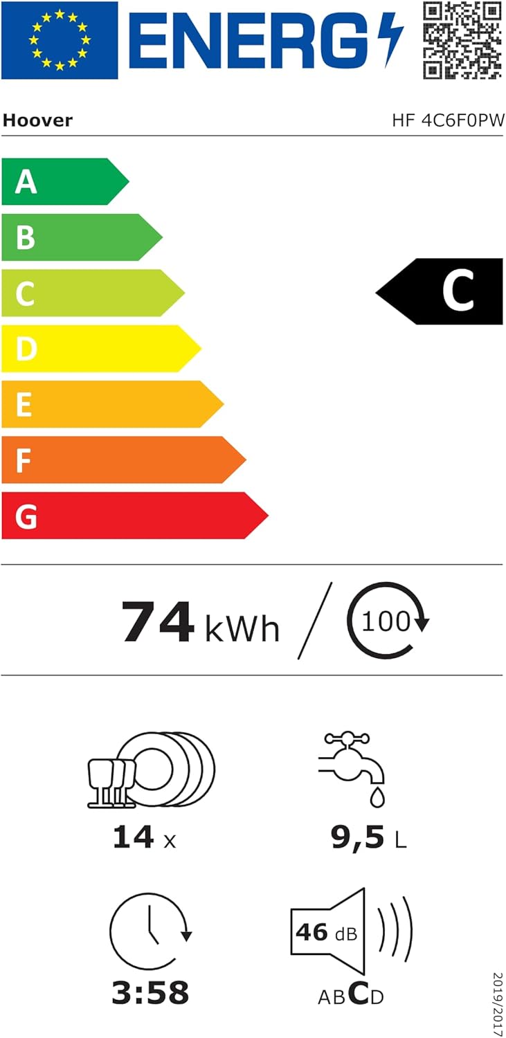 Hoover HF 4C6F0PW Vaatwasser; 14 couverts; Vrijstaand, 60 cm breed; Energieklasse C; Slimme bediening met wifi + bluetooth-technologie