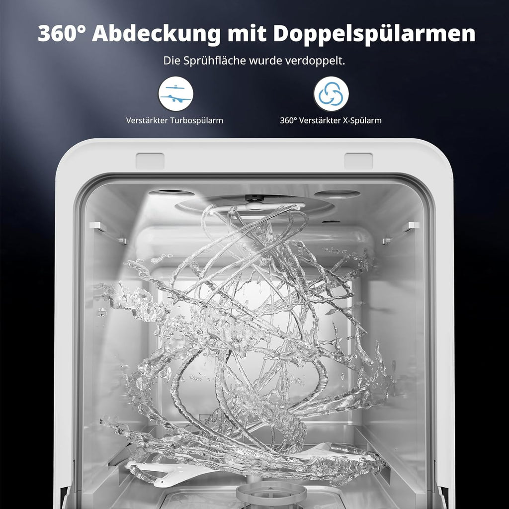 AIRMSEN Tafelvaatwasser, minivaatwasser met watertank, vaatwasser met 9 programma's, 37 x 50 cm, ultrasmal & diep, 1-24 uur timer, 360° dubbele sproeifunctie, slang/slangloos, wit (wit)