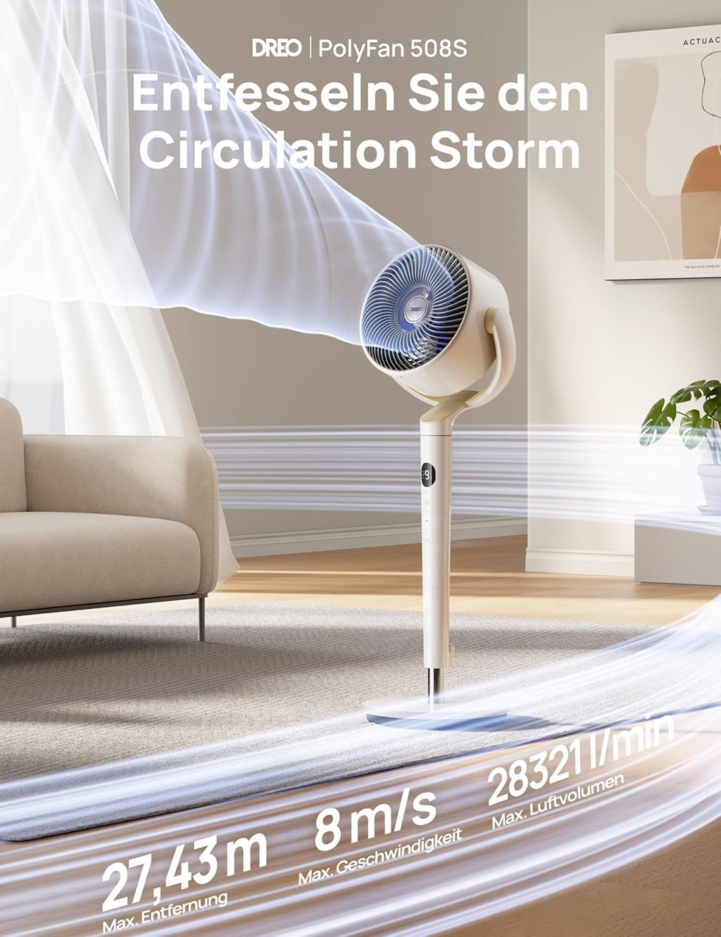 Dreo Slimme Staande Ventilator met RGB-licht, 120° +120° Oscillerende Ventilator met Afstandsbediening, 20dB Stille Vloerventilator voor Slaapkamer, 8H Timer, Zilver