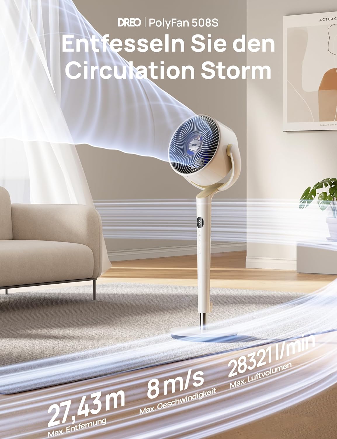 Dreo Slimme Staande Ventilator met RGB-licht, 120° +120° Oscillerende Ventilator met Afstandsbediening, 20dB Stille Vloerventilator voor Slaapkamer, 8H Timer, Zilver