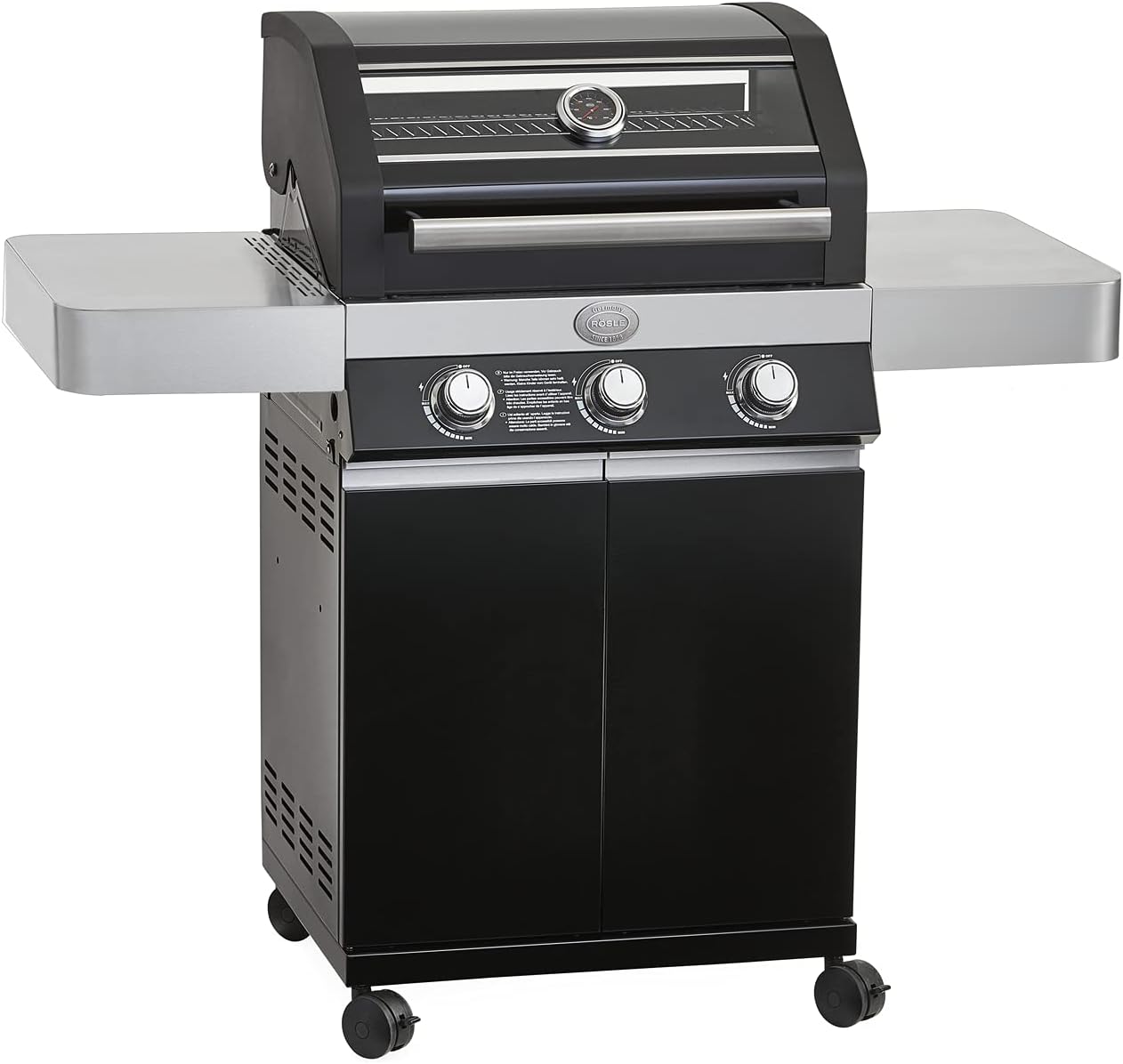 RÖSLE Elektrische BBQ-grill Portable Videro E2-P, draagbare tafelgrill met 2 branders, warmhoudrooster en deksel met glasplaat, gepoedercoat staal, zwart/zilver