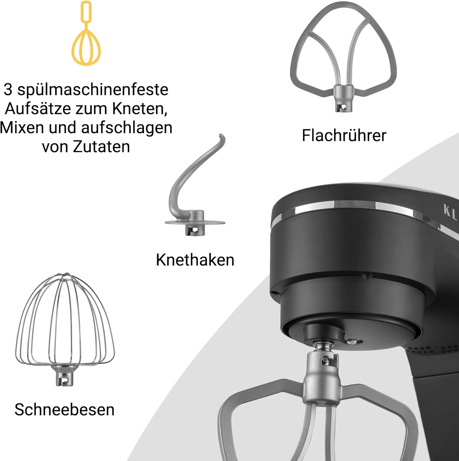 KLAMER Keukenmachine 1800W, Kneedmachine Brooddeeg met RVS Mengkom 6 L, 10 Snelheden met Timer, Planetaire Menging, Klopper, Deeghaak, Garde & Spatscherm (zwart)