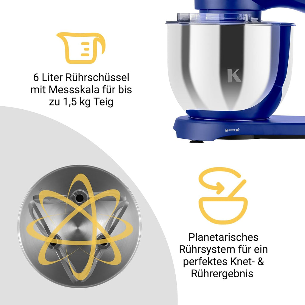 KLAMER Keukenmachine 1800W, Kneedmachine met 6 Liter RVS Kom, 10 Snelheidsstanden met Timer, Klopper, Deeghaak, Garde en Spatdeksel