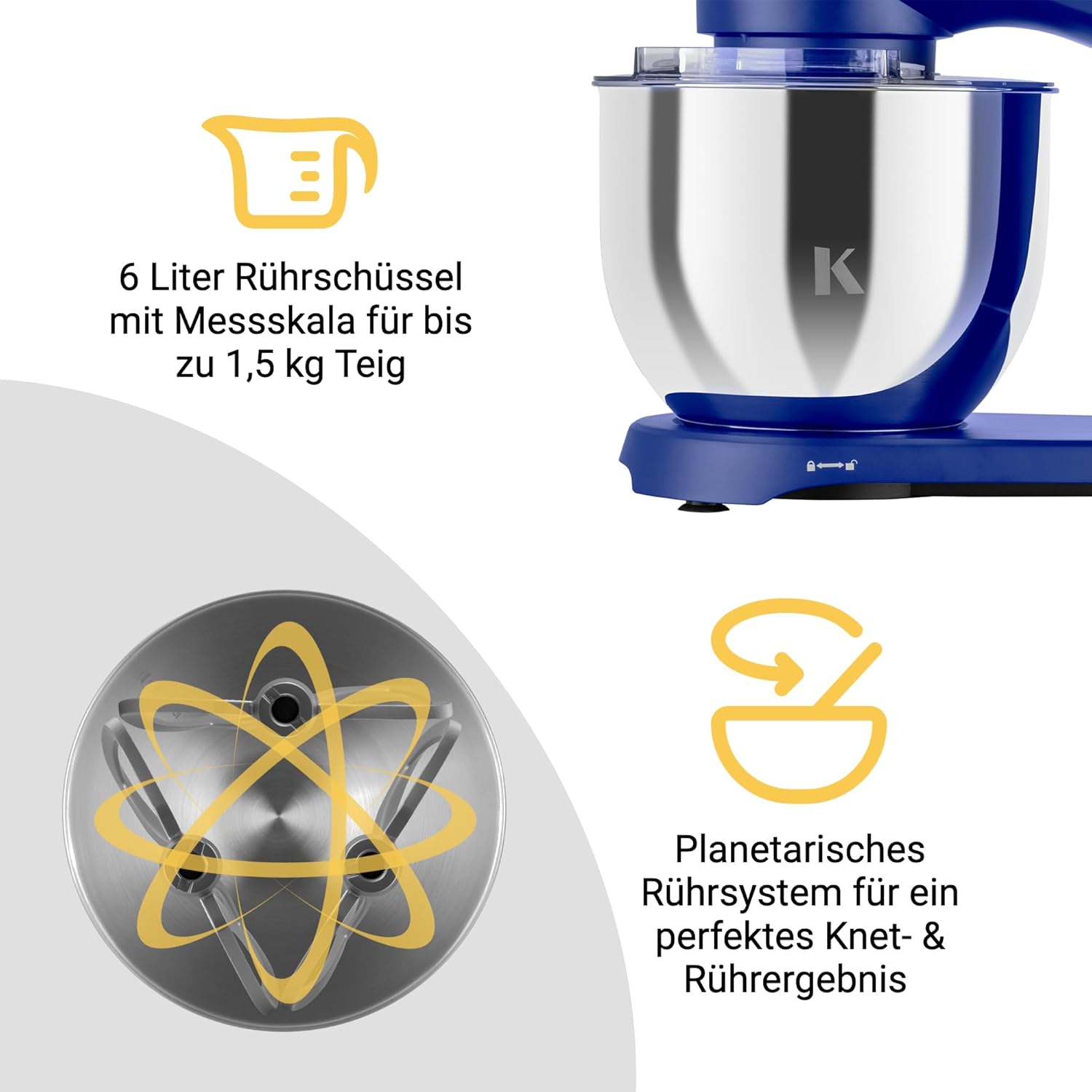 KLAMER Keukenmachine 1800W, Kneedmachine met 6 Liter RVS Kom, 10 Snelheidsstanden met Timer, Klopper, Deeghaak, Garde en Spatdeksel