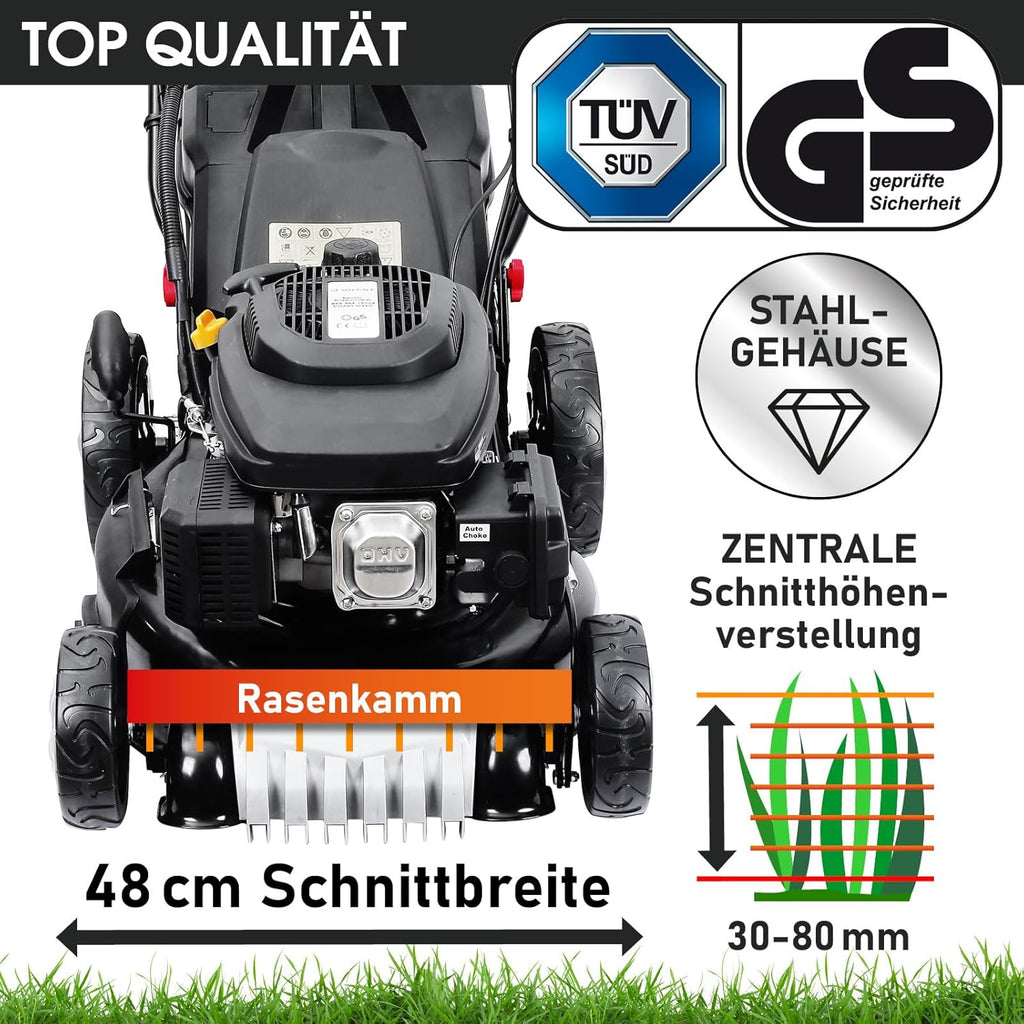 BRAST Benzin grasmaaier met aandrijving | 5,2kW(7PK) | elektrische start | 48cm snijbreedte | vele modellen | TÜV | 4-takt OHV motor | 30-80mm maaihoogte | 60L opvangbak | stalen behuizing | 19224 ESTART Speed