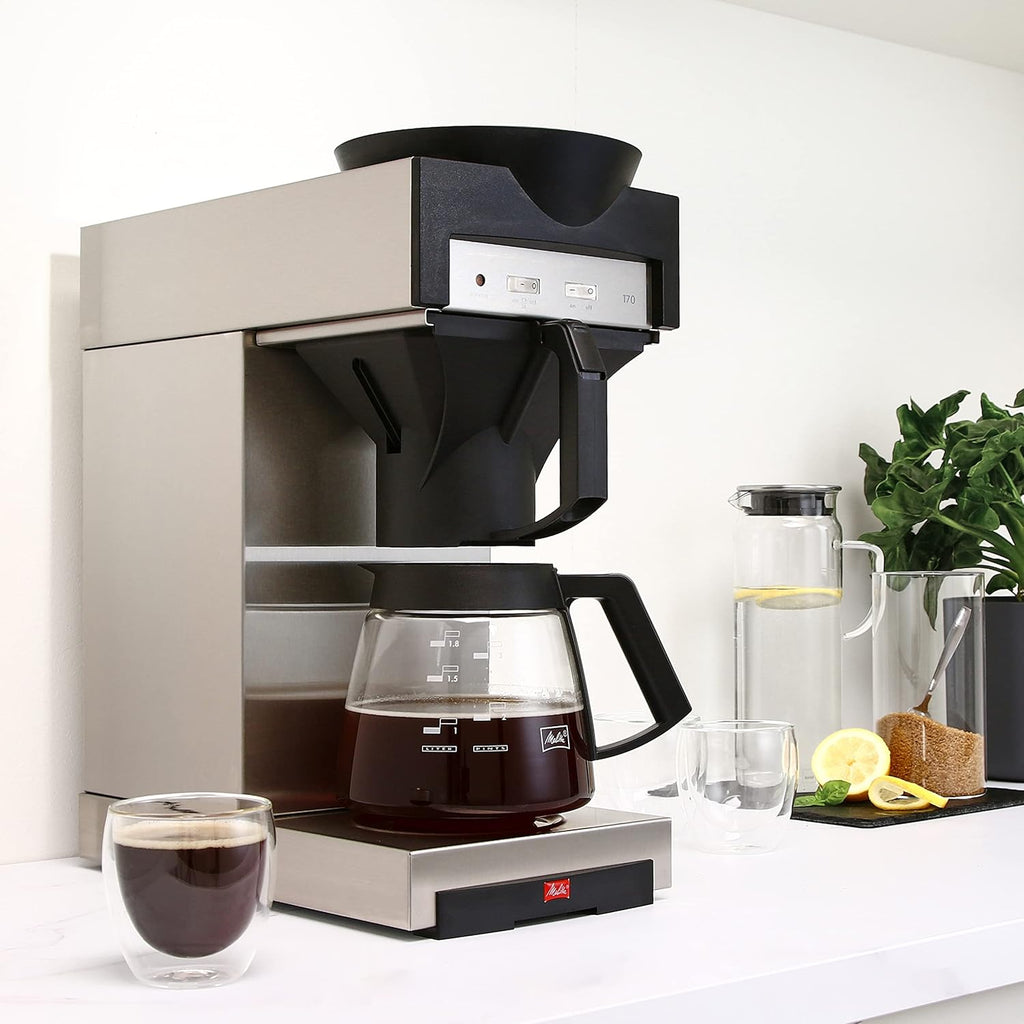 Melitta 20348 filterkoffiezetapparaat met glazen kan, 1,8 l, warmhoudplaat, 17M, roestvrij staal/zwart