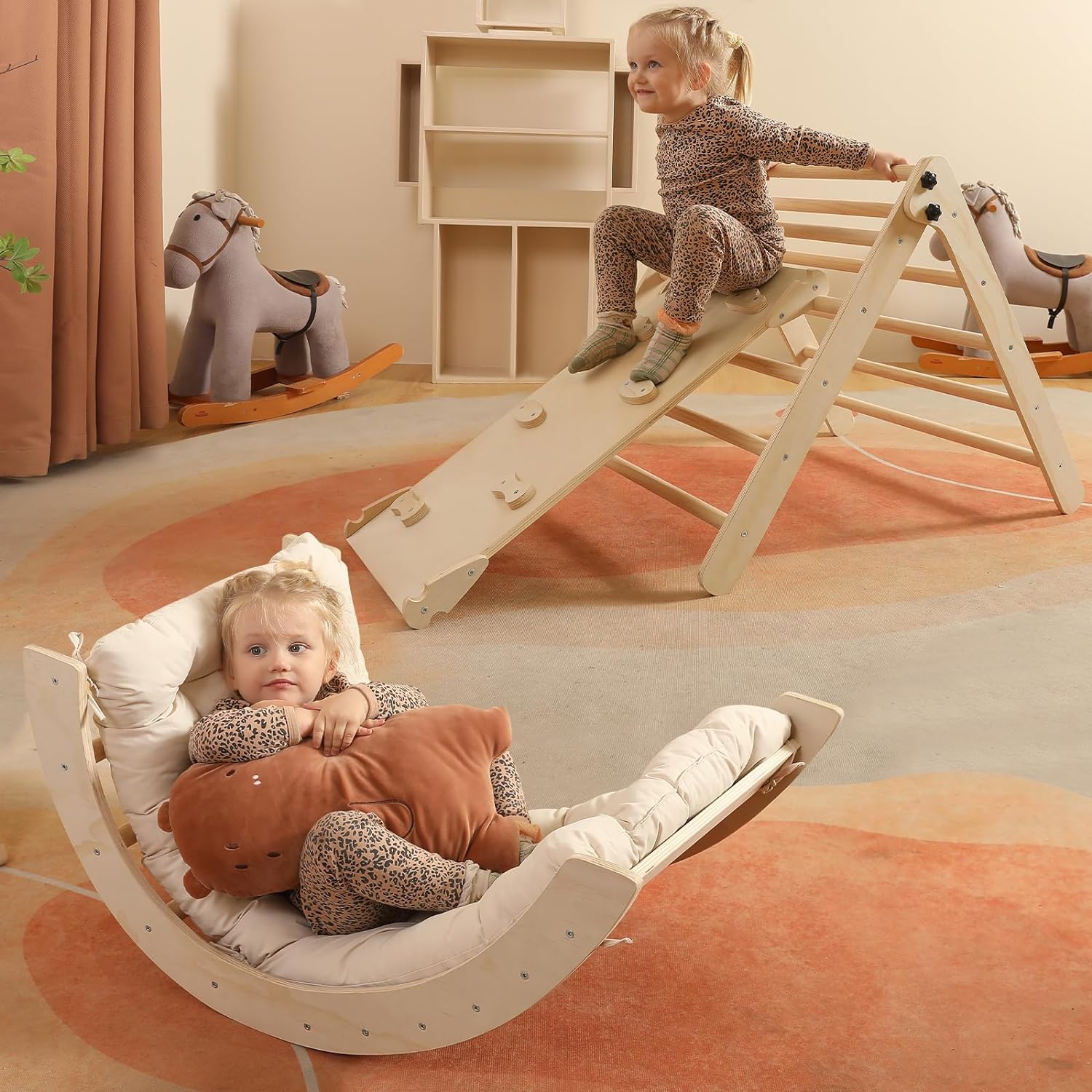 Driehoekset met kussen, 5-in-1 Montessori klimset, opvouwbaar, klim-binnenspeeltuinset voor peuters, houten klimspeelgoed met glijbaan en klimboog voor kinderen (houtkleur)