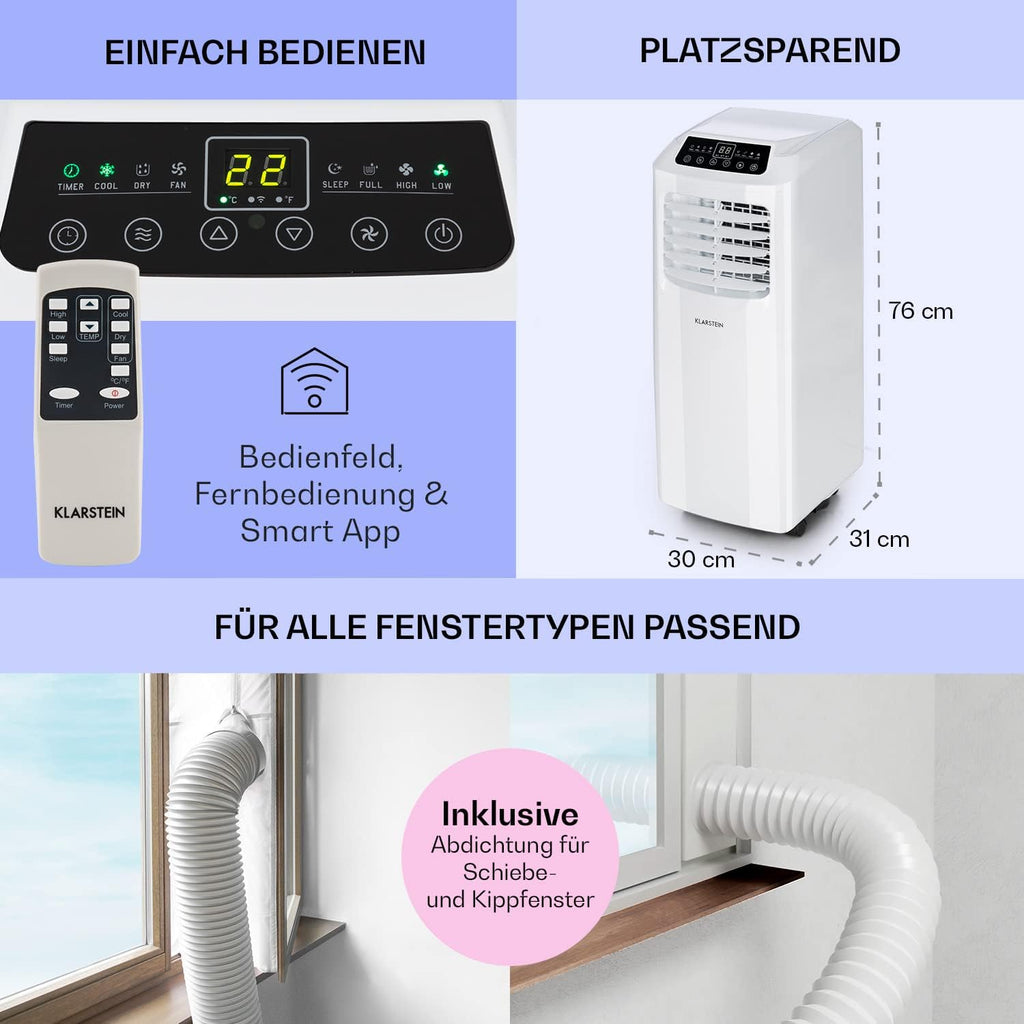 Klarstein Airconditioner, 4-in-1 Airconditioningsysteem, Luchtontvochtiger, Ventilator & Nachtmodus, Mobiele airconditioner met afvoerslang, App-bediening, Airconditioner voor ruimtes tot 44 m², 9000 BTU, Wit
