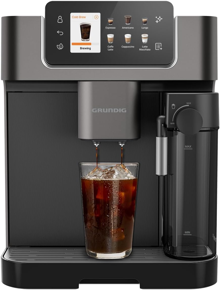 GRUNDIG KVA 7230 volautomatische koffiemachine, 10 koffiespecialiteiten, 13 maalfijnheden, melkreservoir, krachtig 1350 W, 19 bar pompdruk, dubbele uitloop, verlichting, Zwart/Donkerzilver