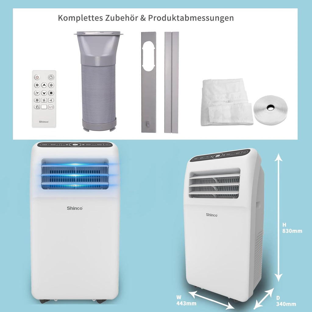 SHINCO Mobiele airconditioning met luchtafvoerslang, 9000 BTU, 2,6 kW, Koelen&Ventileren&Ontvochtigen, Mobiel airco-apparaat met slaapstand, Ruimte tot 22㎡, 24-uurs timer