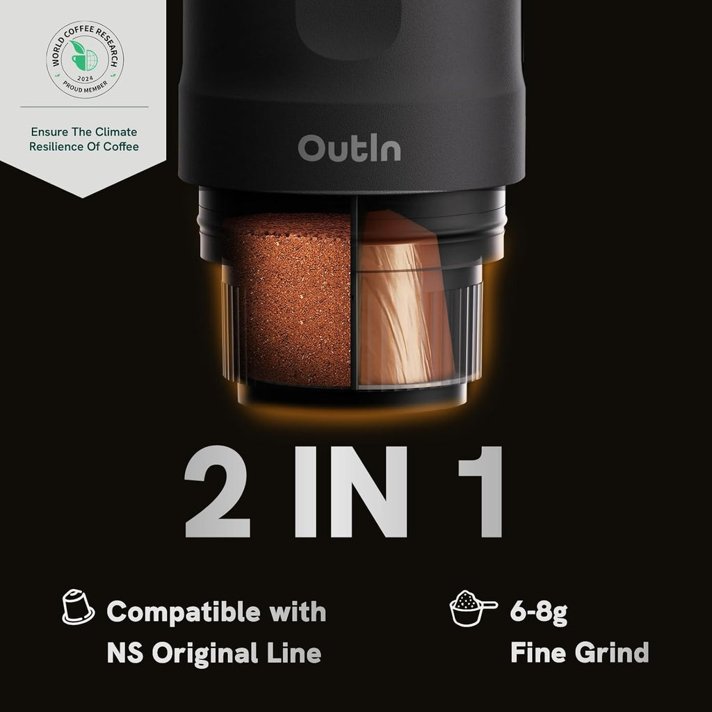 OutIn Nano Draagbare Espressomachine met Batterij, voor onderweg of camping, Koffiezetapparaat to go, met elektrische zelfverwarming via USB - C, 2 in 1 voor gemalen koffie en NS - capsules