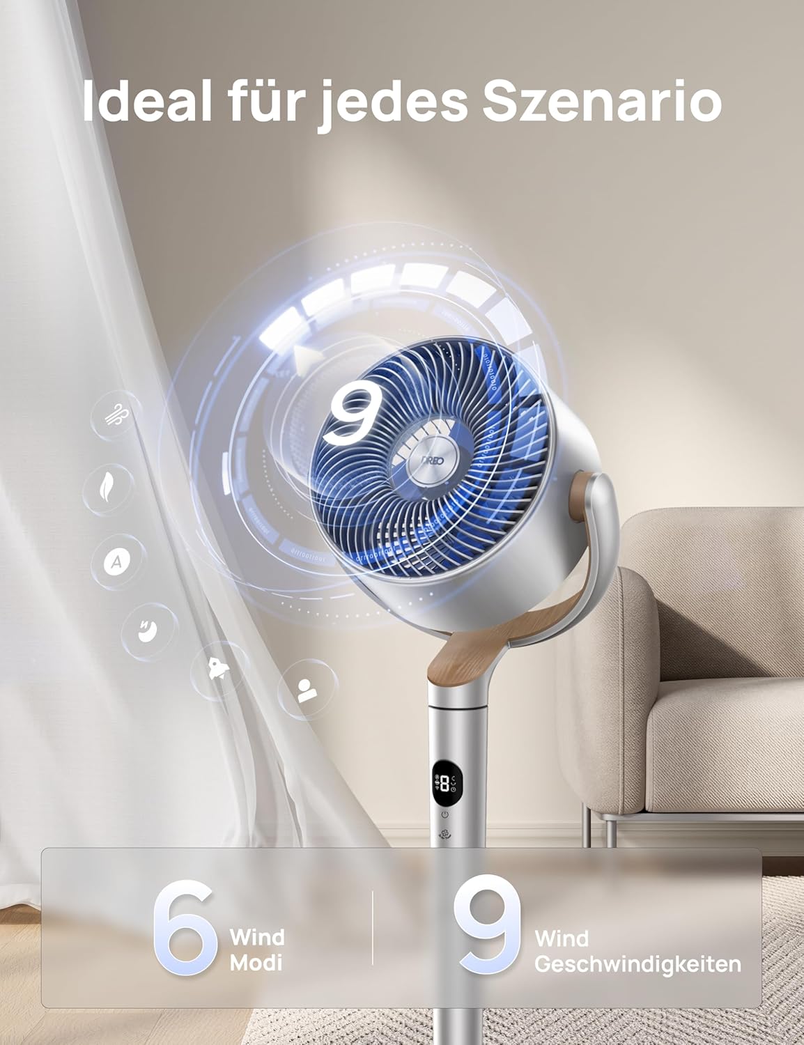 Dreo Slimme Staande Ventilator met RGB-licht, 120° +120° Oscillerende Ventilator met Afstandsbediening, 20dB Stille Vloerventilator voor Slaapkamer, 8H Timer, Zilver