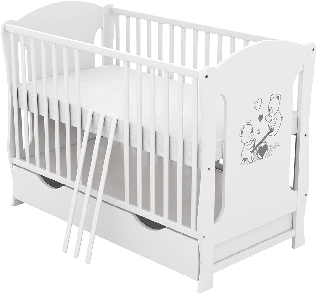 Baby Delux Babybed 60x120 wit Kinderbed ombouwbaar naar juniorbed Lade Matras Teddy Wip Motief