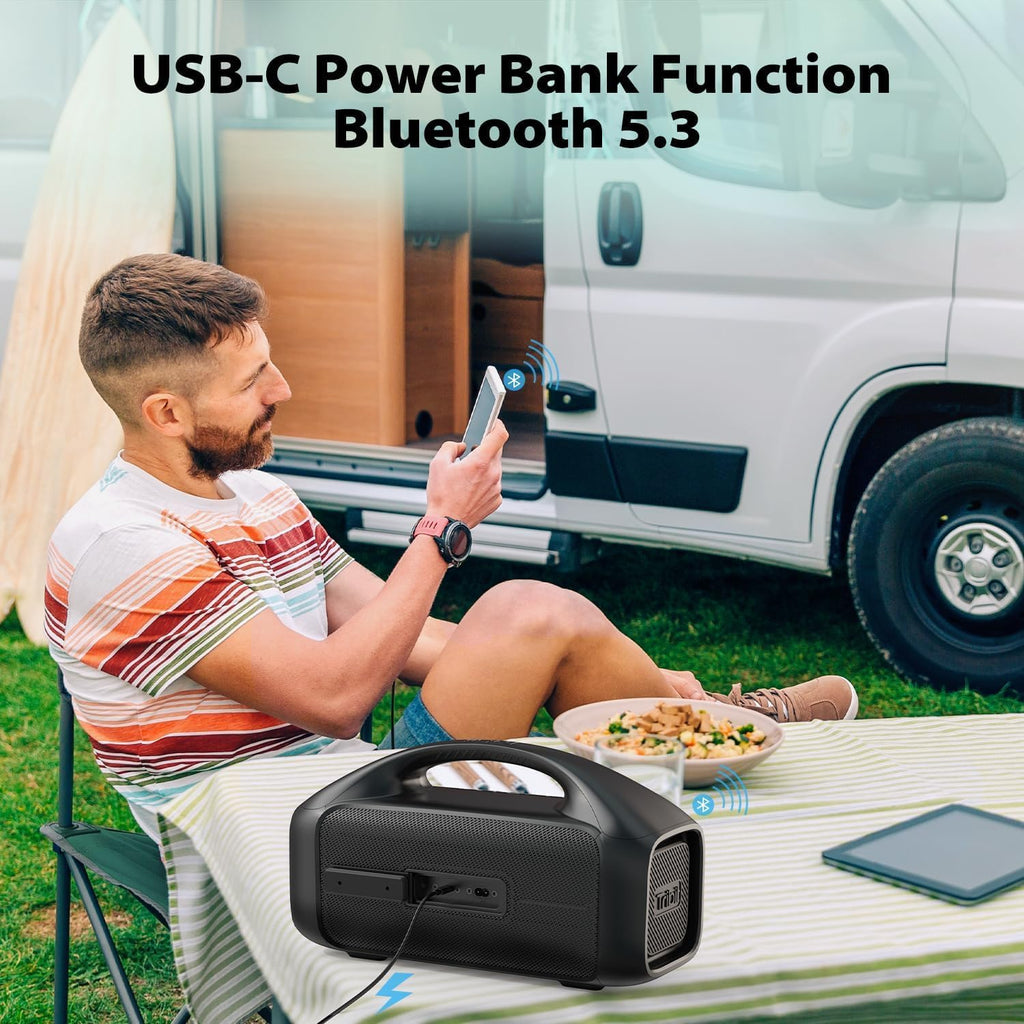Tribit Bluetooth-luidspreker StormBox Blast, Draagbare partyluidspreker 90W Luid stereogeluid met XBass LED-lichtshow Bluetooth 5.3, Waterdicht IPX7, TWS, 30 uur speeltijd voor buiten