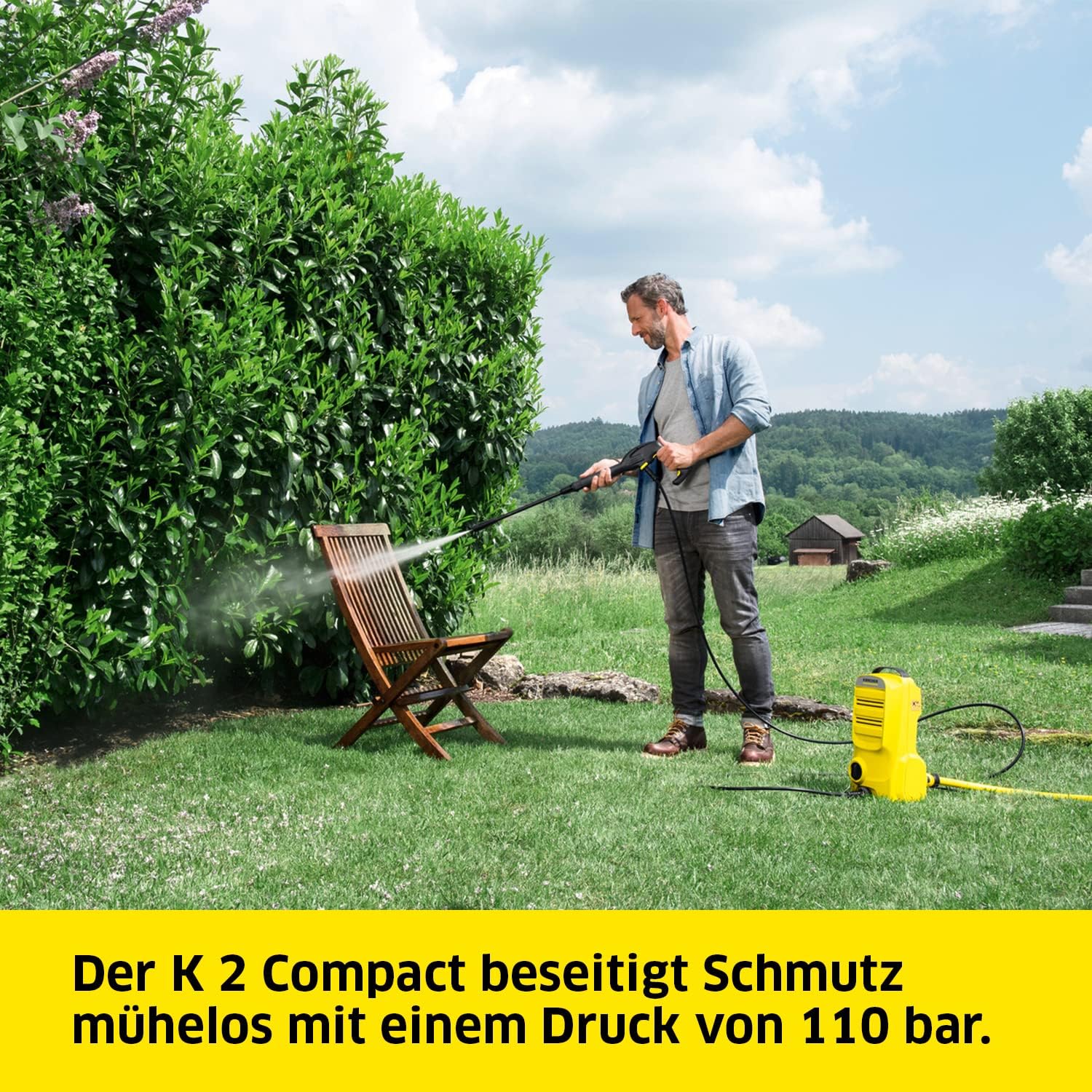 Kärcher hogedrukreiniger K Mini, licht en compact, druk: max. 110 bar, doorvoer: 360 l/u, oppervlak: 20 m²/u, gewicht: 3,93 kg, hogedrukpistool, vuilfrees, spuitlans, waterfilter, zwart, geel
