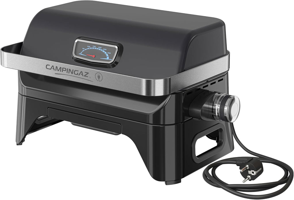 Campingaz Grill Attitude2go, gasbarbecue & elektrische barbecue, tafelbarbecue, draagbare balkon-, campingbarbecue, met deksel, thermometer en gietijzeren grillrooster, werkt op gas of elektriciteit