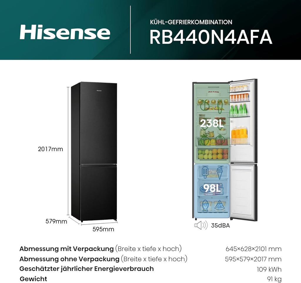 Hisense RB327N4AD2 koel-vriescombinatie/ NoFrostPlus/ Multiflow 360°/ HolidayMode/ FreshZone/ 182,4 cm/ koelgedeelte 171 l/ vriesgedeelte 85 l/ 41 dB/ 287 kWh/ jaar/ roestvrijstalen look