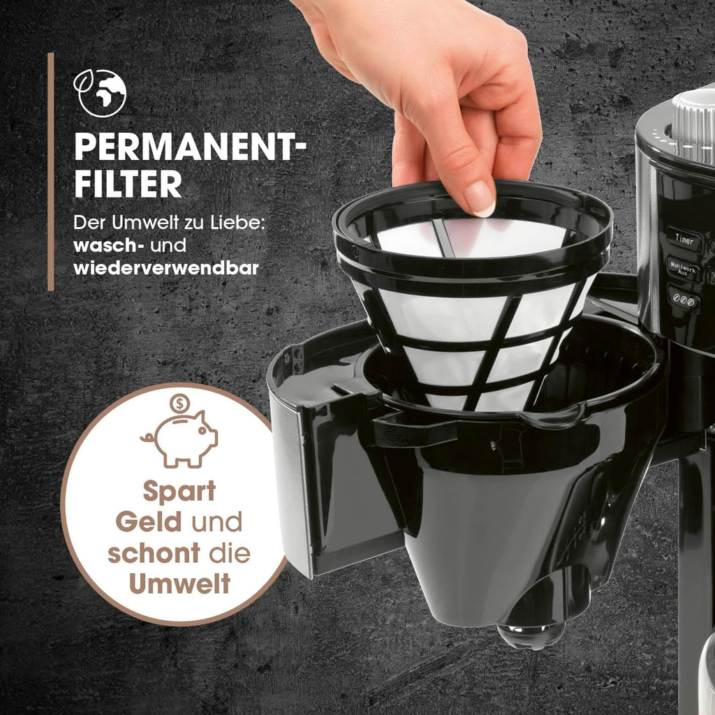 Barista Filterkaffeemaschine mit verstellbarem Mahlwerk & Thermokanne | Warmhaltefunktion, 24h Timer & Permanentfilter | Für 10 Tassen Kaffee | Kaffeemaschine für Bohnen & Pulver [Edelstahl]