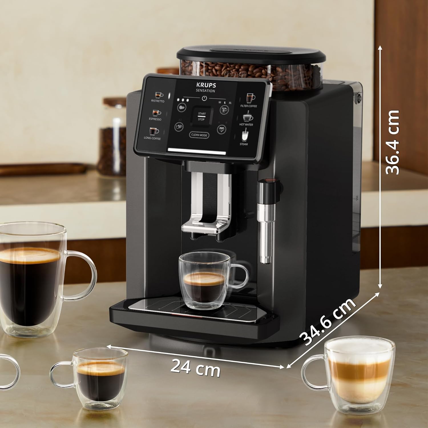 Krups Sensation volautomatische espressomachine, melkschuimmondstuk, 5 dranken, filterkoffiefunctie, 2-kopsfunctie, koffiezetapparaat, zwart, EA910810