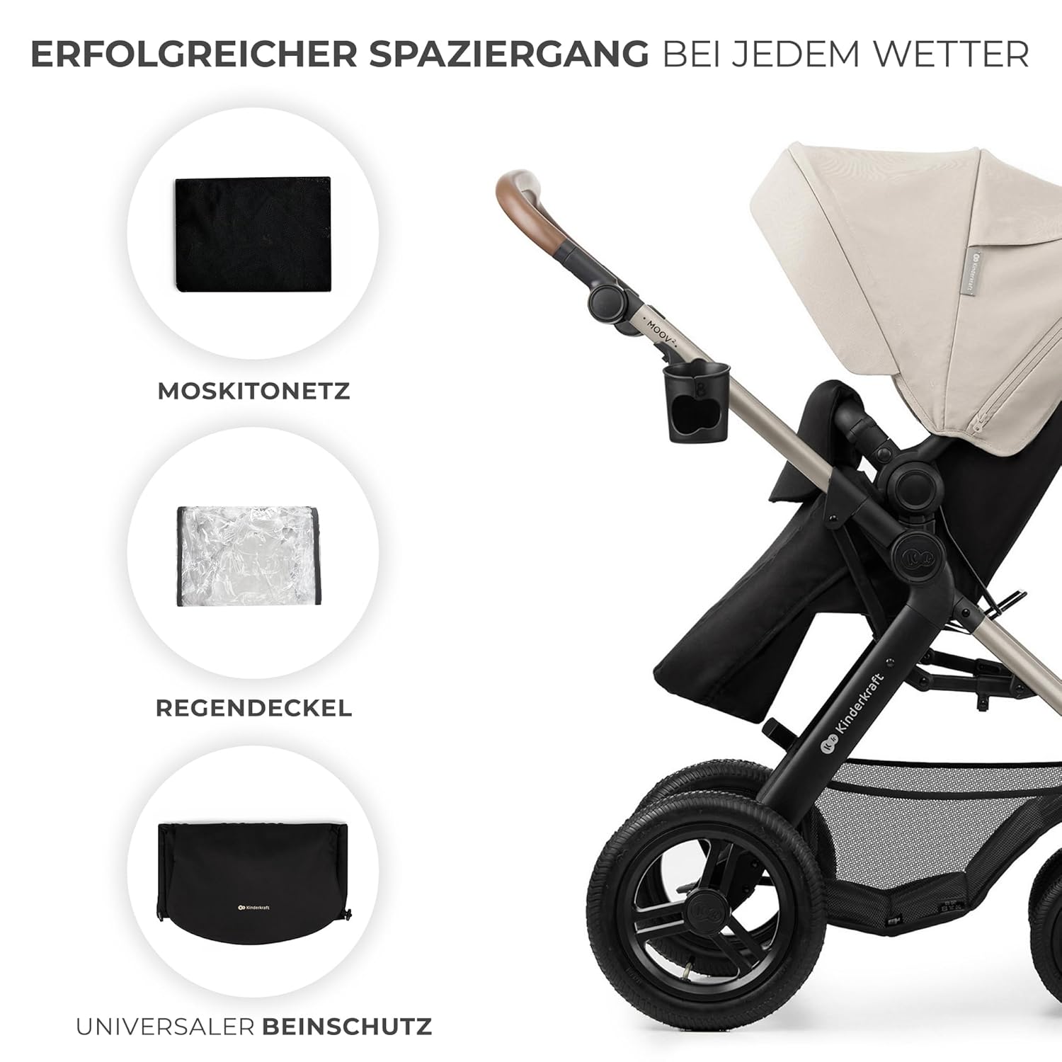 Kinderkraft MOOV2 AIR Kinderwagen 3 in 1 Kinderwagenset tot 26 kg met autostoel I-SIZE 40-75 cm, buggyfunctie, verstelbare ligstand, grote uitschuifbare kap, opblaasbare wielen, zwart