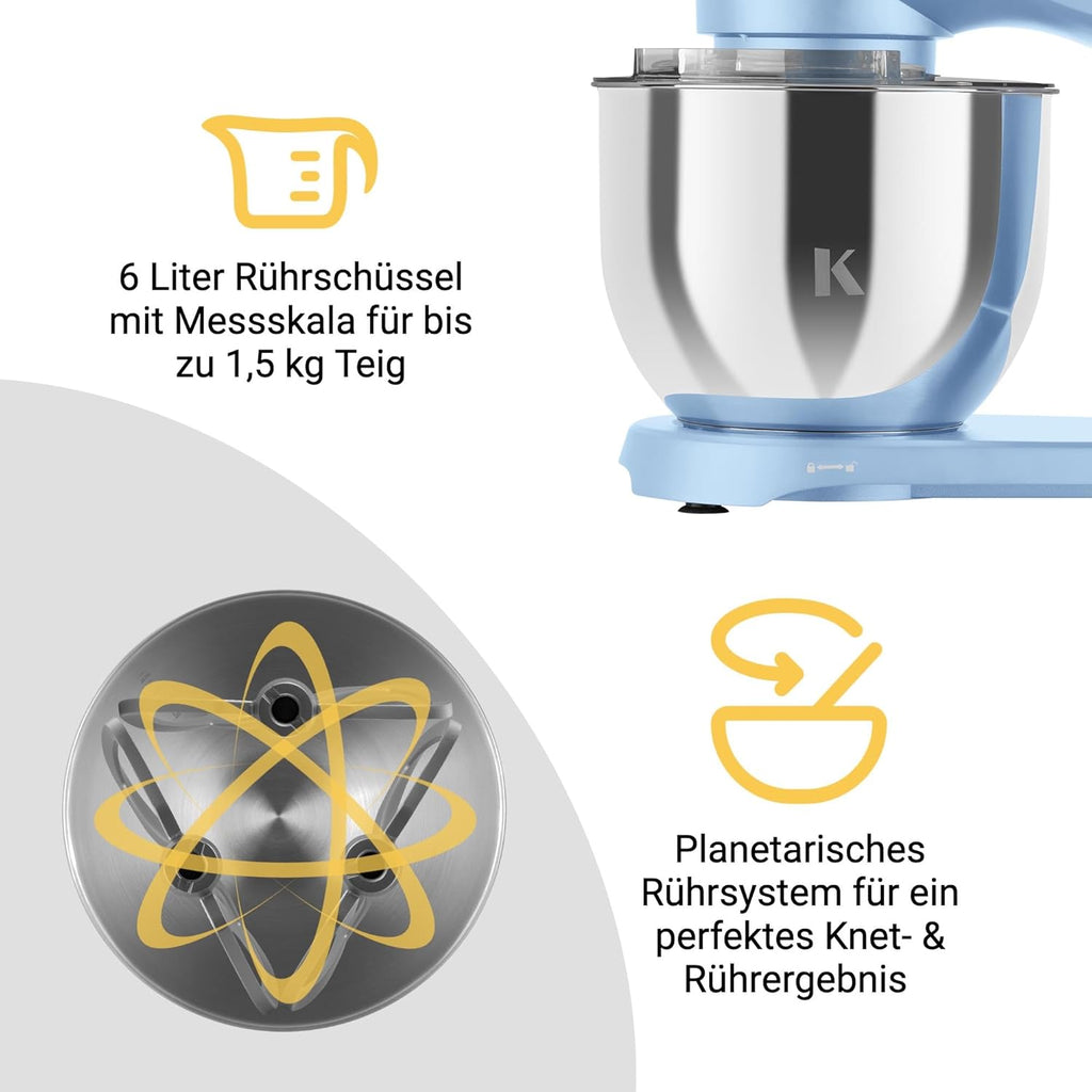KLAMER Keukenmachine 1800W, Kneedmachine Brooddeeg met RVS Mengkom 6 L, 10 Snelheden met Timer, Planetaire Menging, Klopper, Deeghaak, Garde & Spatscherm (zwart)
