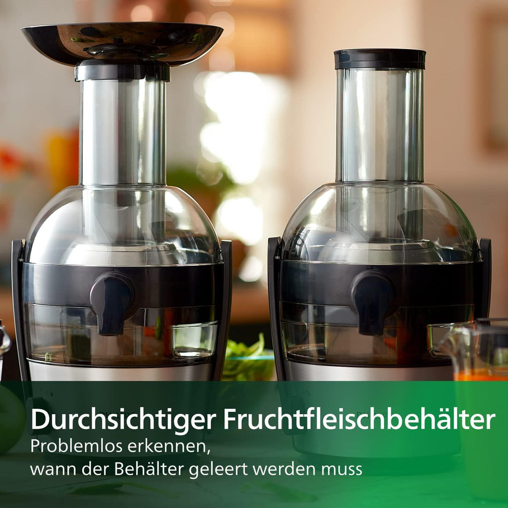 Philips Entsafter – 1100W, 2L, HomeID-Rezepte-App, XXL-Einfüllffnung, QuickClean (HR1921/20), 25 x 43.2 x 29.6 cm, Edelstahl