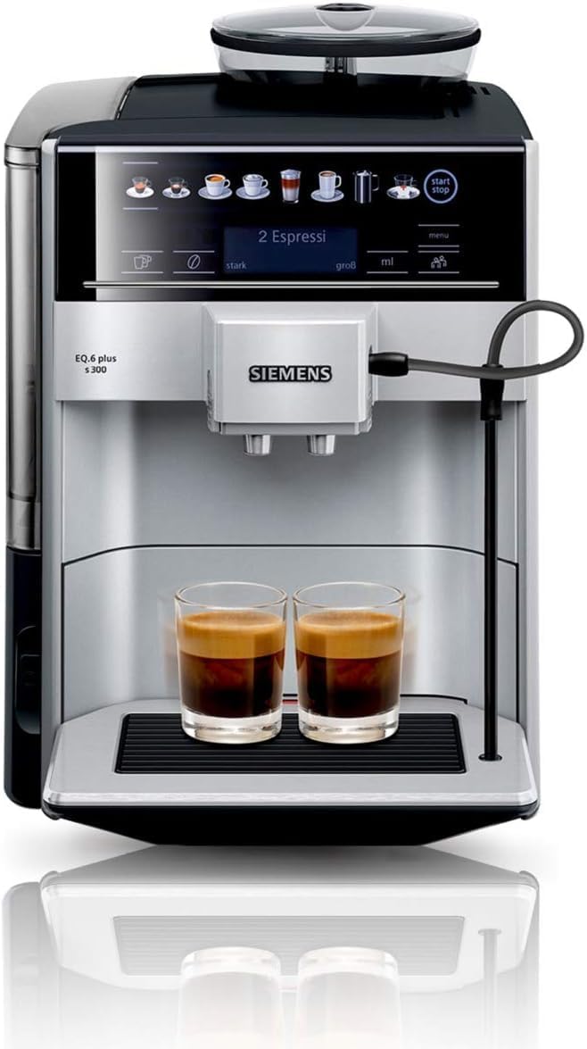SIEMENS Volautomatische koffiemachine EQ6 plus s300 TE653501DE, voor vele koffiespecialiteiten, melkopschuimmondstuk, keramisch maalwerk, dubbele kopfunctie, antikalk, automatische stoomreiniging, 1500 W, zilver