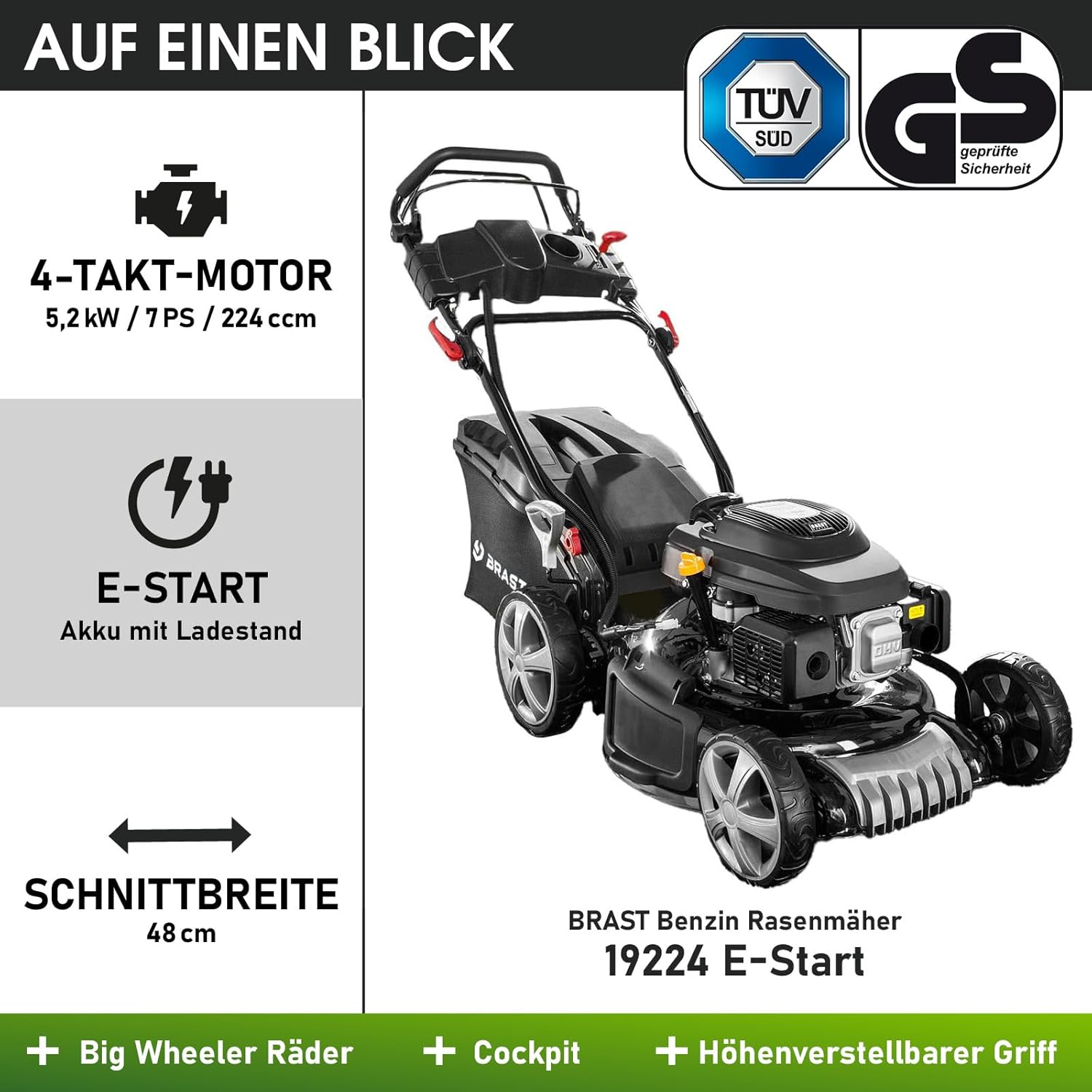 BRAST Benzin grasmaaier met aandrijving | 5,2kW(7PK) | elektrische start | 48cm snijbreedte | vele modellen | TÜV | 4-takt OHV motor | 30-80mm maaihoogte | 60L opvangbak | stalen behuizing | 19224 ESTART Speed