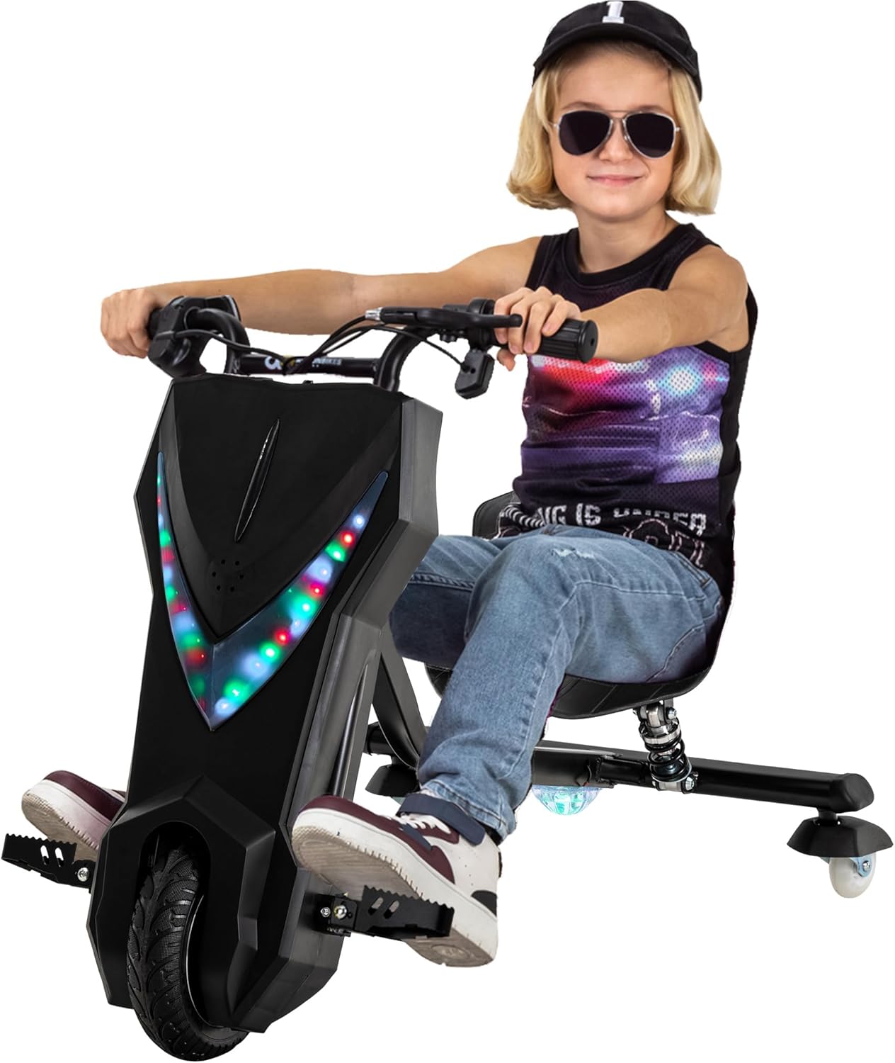 Actionbikes Motors Kinder elektrische driftscooter | 𝟐𝟓𝟎 Watt Motor - Drift Cart 360°- 3 snelheidsniveaus - LED-verlichting - Verstelbare stoel - Bluetooth - Drift Kart - Drift Auto (Space Purple)