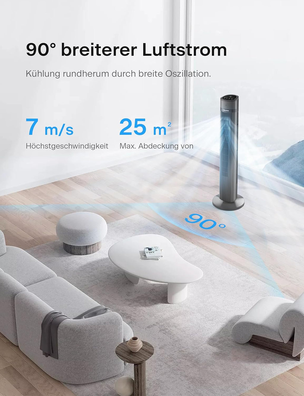 PELONIS Luchtkoeler met waterkoeling, Mobiele airconditioning, 5L Ventilator met waterkoeling, Luchtbevochtiger met afstandsbediening, 355m³/u Airconditioner zonder afvoerslang