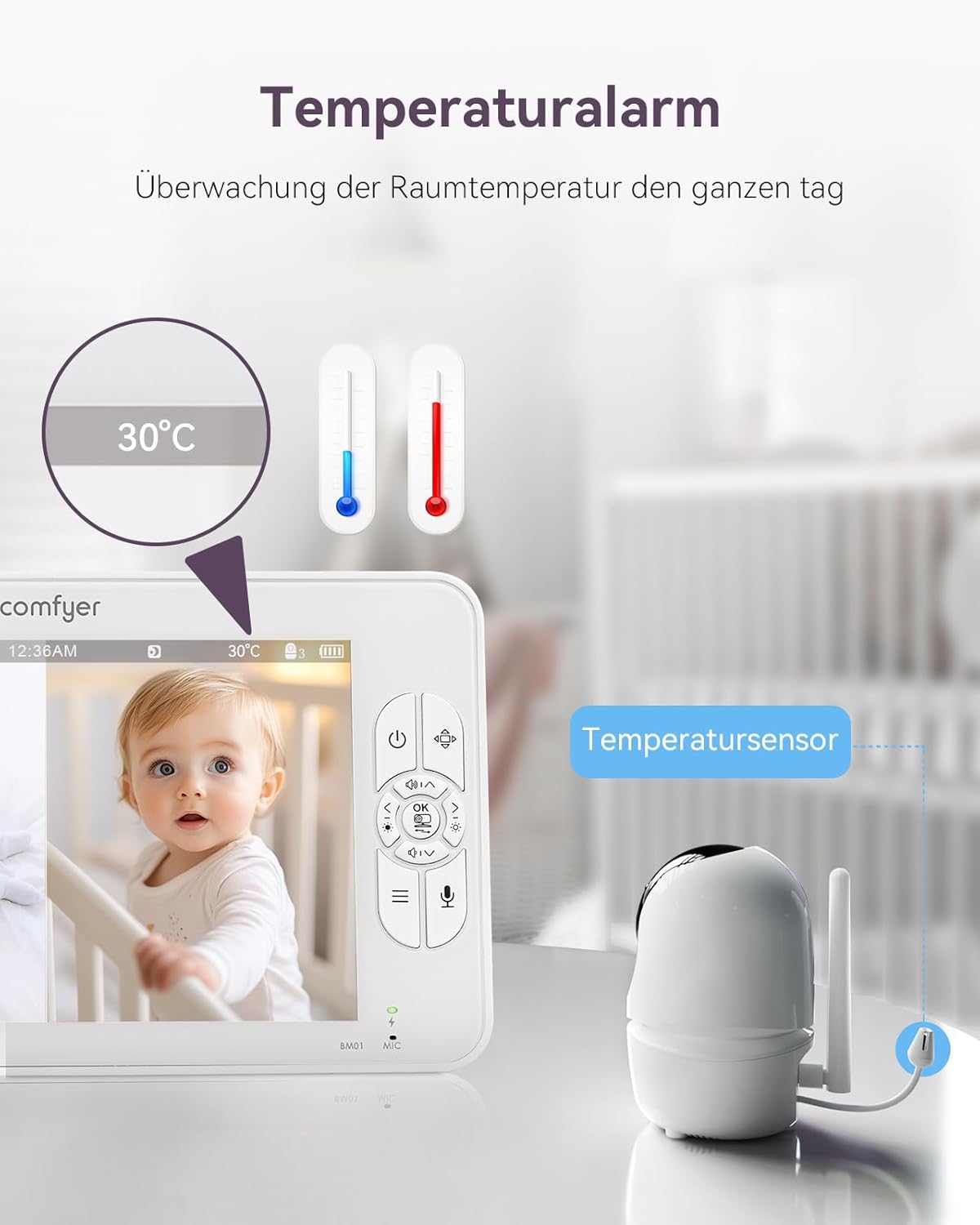 Comfyer Split-Screen Babyfoon met 2 Camera's, 7" HD 720P Videobabyfoon zonder wifi met Beugel, IR-Nachtzicht Groothoeklens Vox-modus 2-Weg Audio 292m Bereik Video Surveillance Apparaten