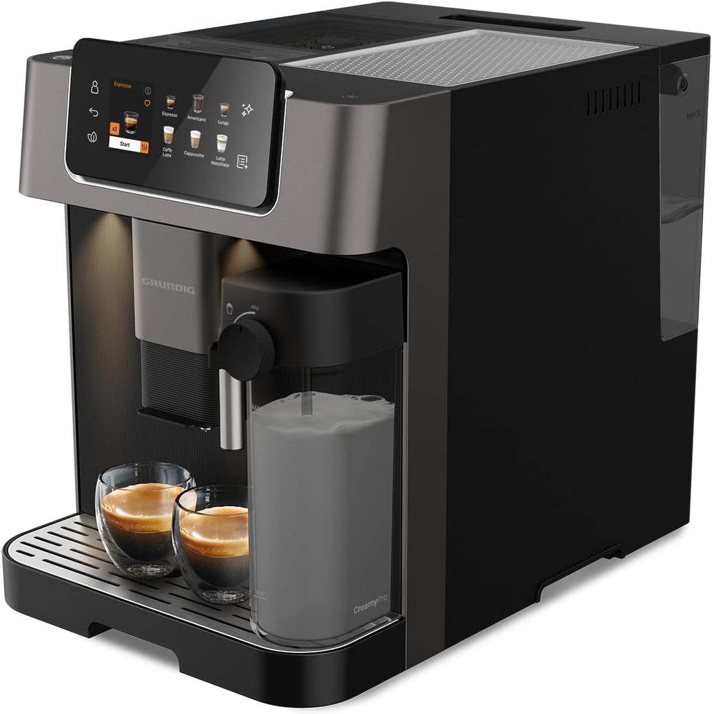 GRUNDIG KVA 7230 volautomatische koffiemachine, 10 koffiespecialiteiten, 13 maalfijnheden, melkreservoir, krachtig 1350 W, 19 bar pompdruk, dubbele uitloop, verlichting, Zwart/Donkerzilver