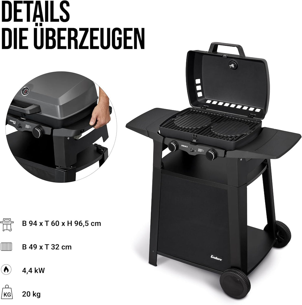 Enders Gasbarbecue Urban II Pro, tafelbarbecue, grill-, kook- en bakfunctie, 2 branders RVS, met grillthermometer, balkon-, campingbarbecue, gegoten aluminium behuizing, gietijzeren rooster, #2062