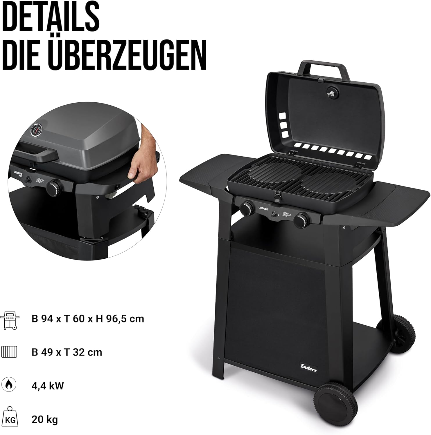 Enders Gasbarbecue Urban II Pro, tafelbarbecue, grill-, kook- en bakfunctie, 2 branders RVS, met grillthermometer, balkon-, campingbarbecue, gegoten aluminium behuizing, gietijzeren rooster, #2062