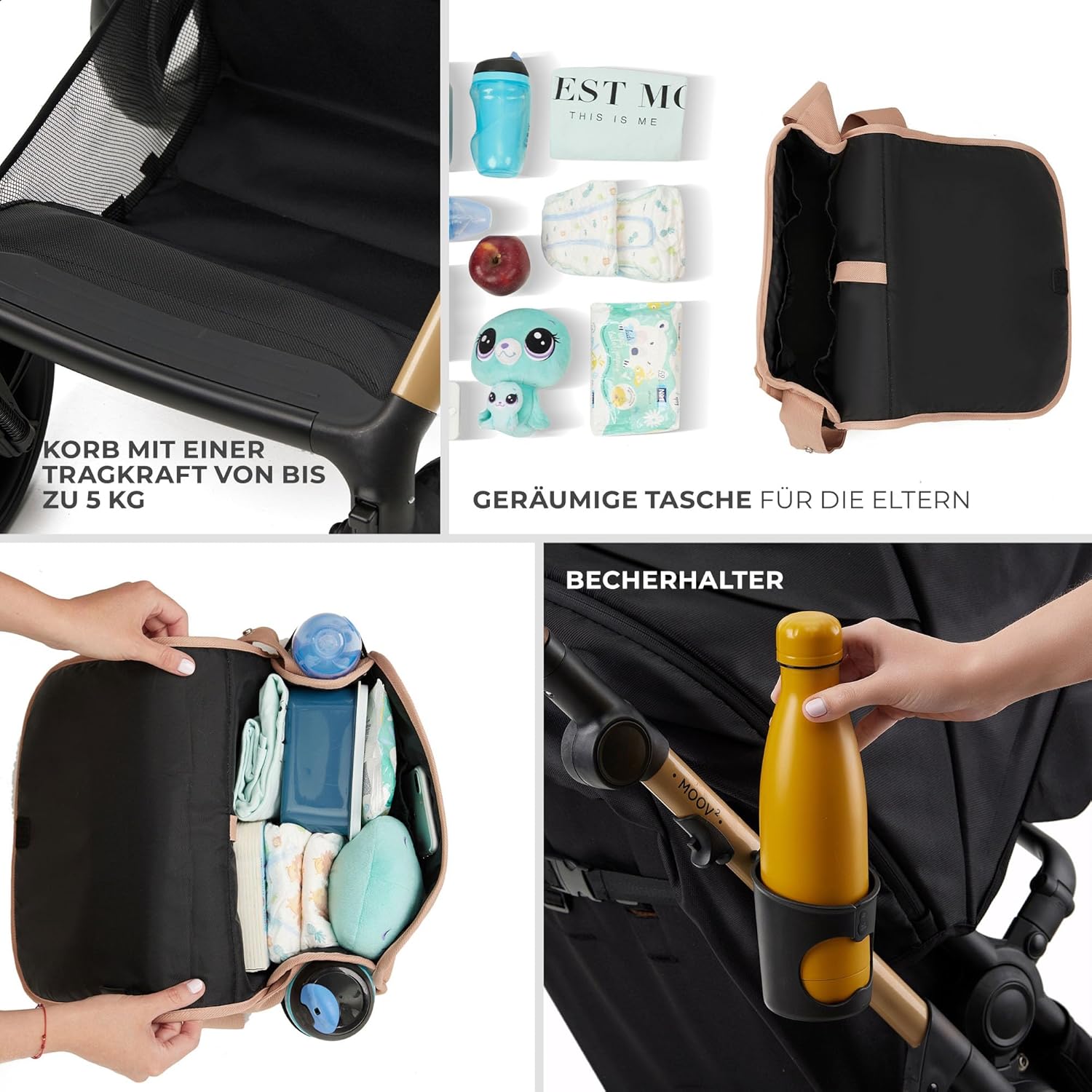 Kinderkraft MOOV2 AIR Kinderwagen 3 in 1 Kinderwagenset tot 26 kg met autostoel I-SIZE 40-75 cm, buggyfunctie, verstelbare ligstand, grote uitschuifbare kap, opblaasbare wielen, zwart