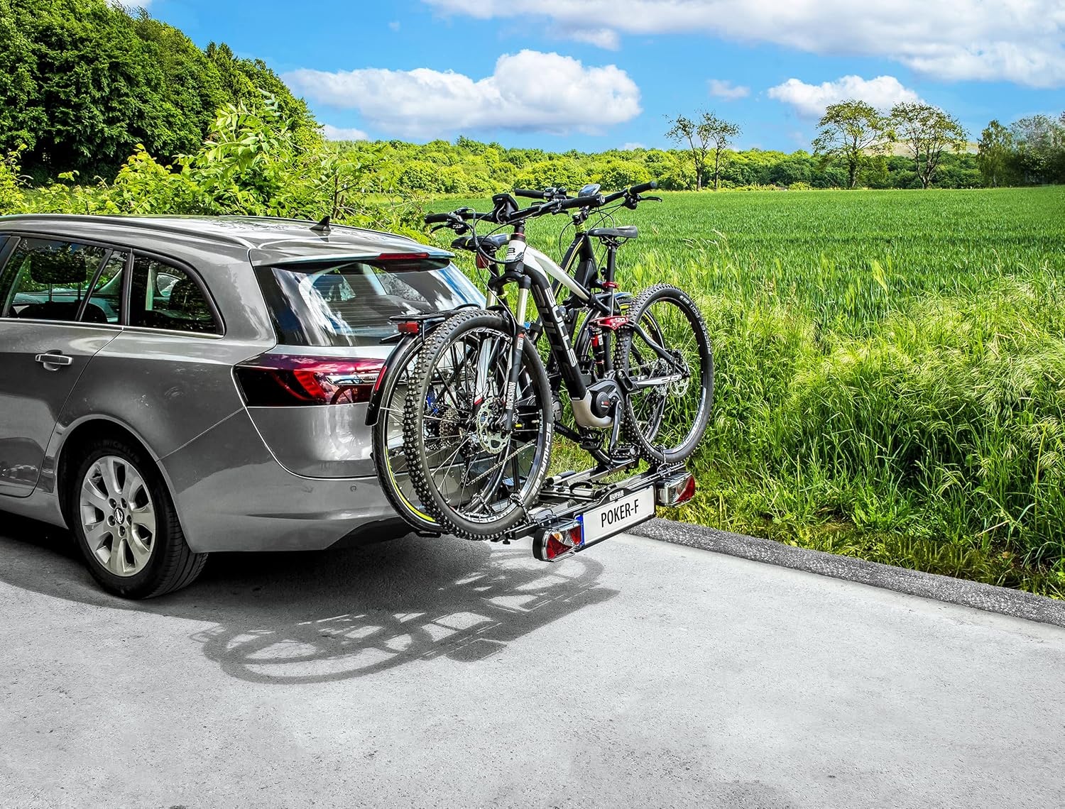 EUFAB 12010LAS fietsendrager POKER-F, geschikt voor e-bike, volledig voorgemonteerd, diefstalbeveiliging, voor 2 fietsen, voor trekhaak, zwart, 142 x 70 x 58 cm